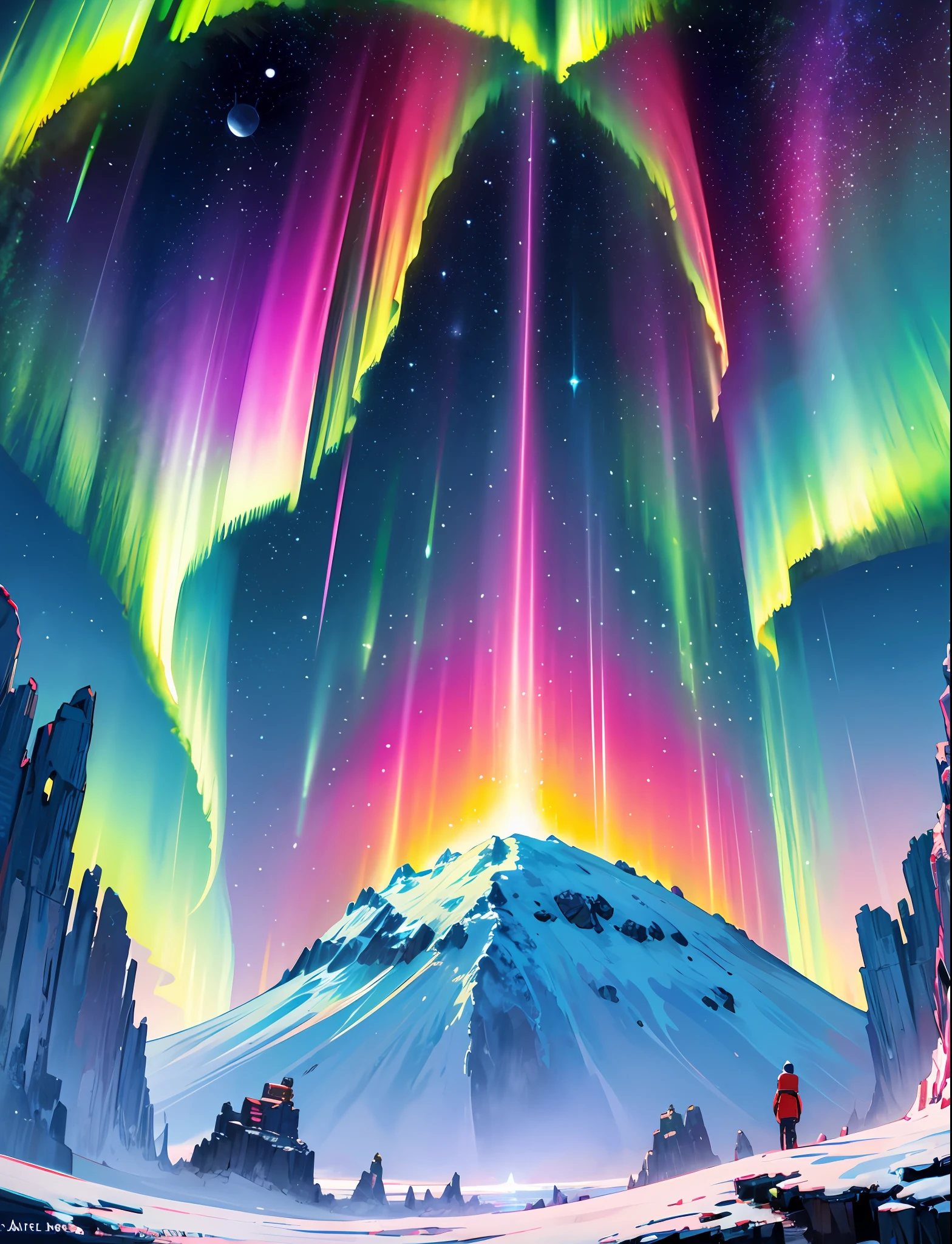 Masterpiece, neon stars, flowers around, god, truth, anticipation, depth, insight, understanding, mountain, galactic lush translucent clouds, spectrum, panorama, star cycle, cycle, portal, sea, aurora, northern lights