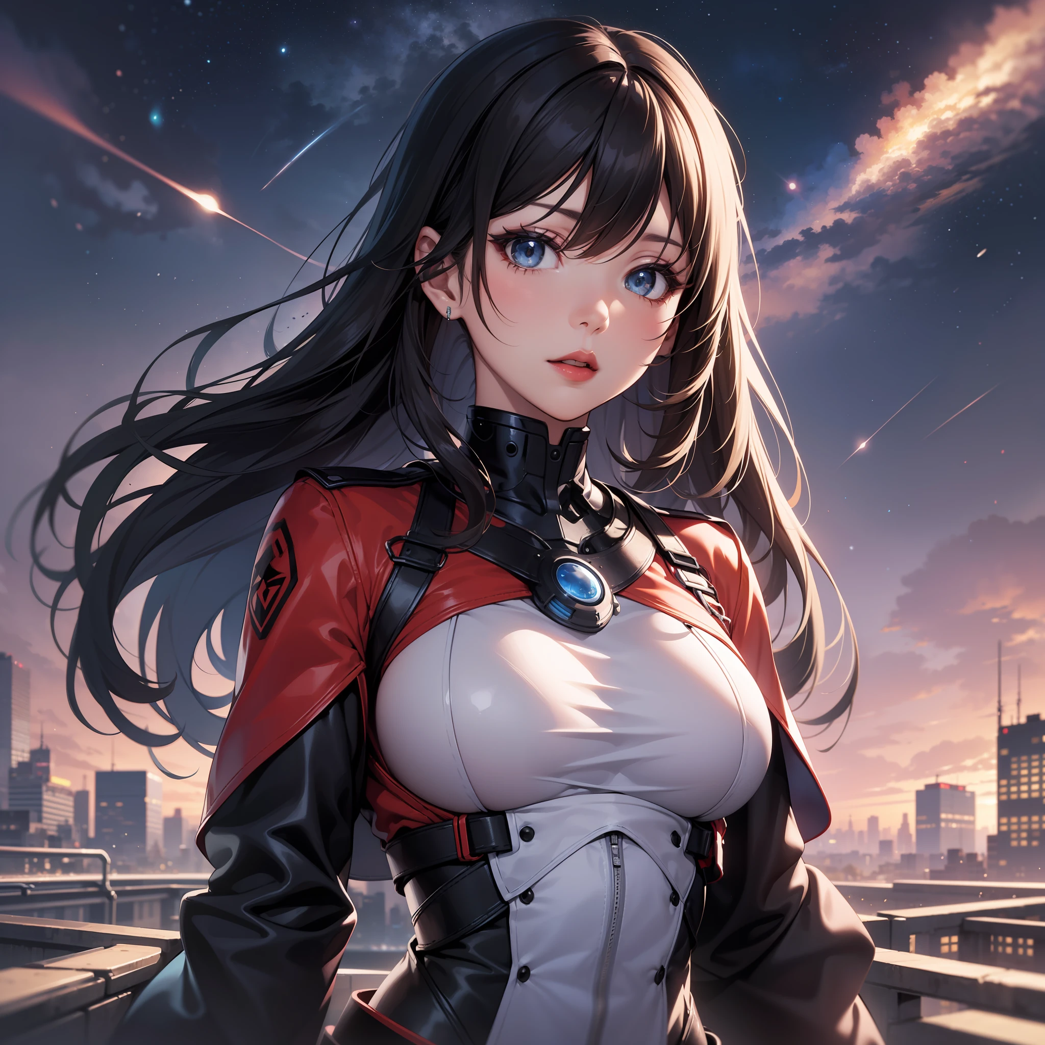 Best image quality Original character, urban woman, very sexy expression, red lip, voluminous lighting, battle uniform, black hair gradient long hair, background, sci-fi cityscape Starry sky