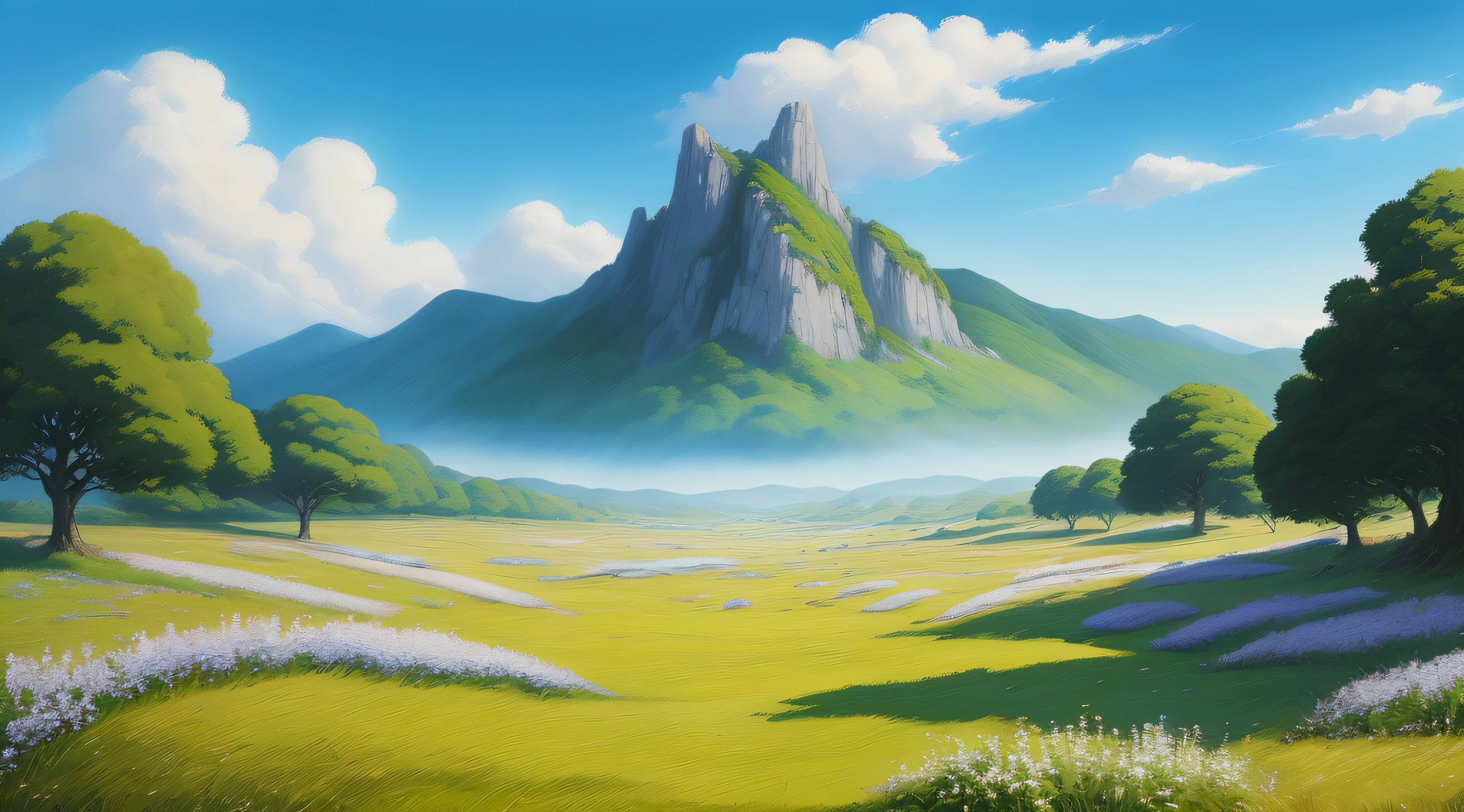 Realistic, authentic, beautiful and amazing landscape oil painting Studio Ghibli Hayao Miyazaki&#39;s petal grassland with blue sky and white clouds --v6