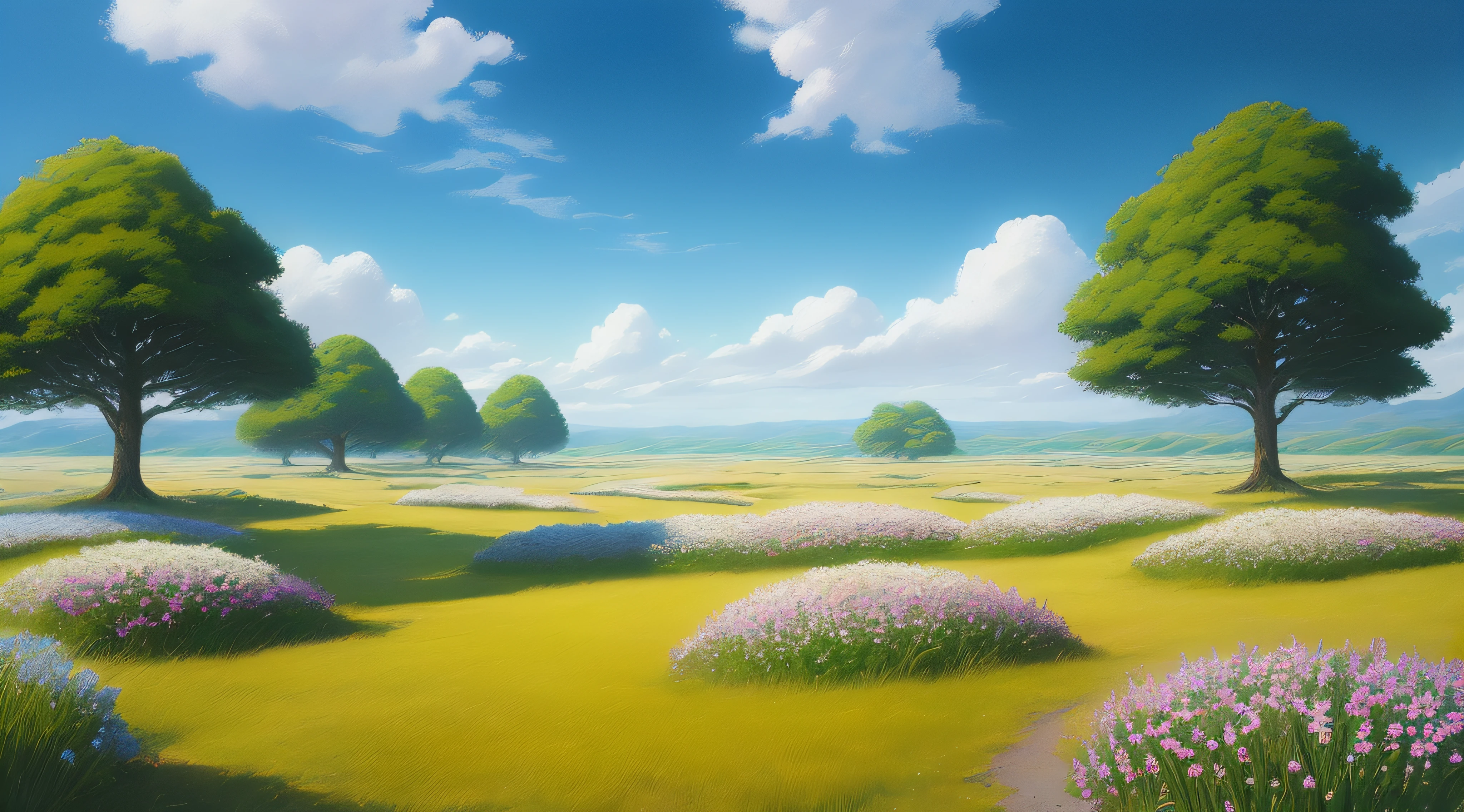 Realistic, authentic, beautiful and amazing landscape oil painting Studio Ghibli Hayao Miyazaki&#39;s petal grassland with blue sky and white clouds --v6