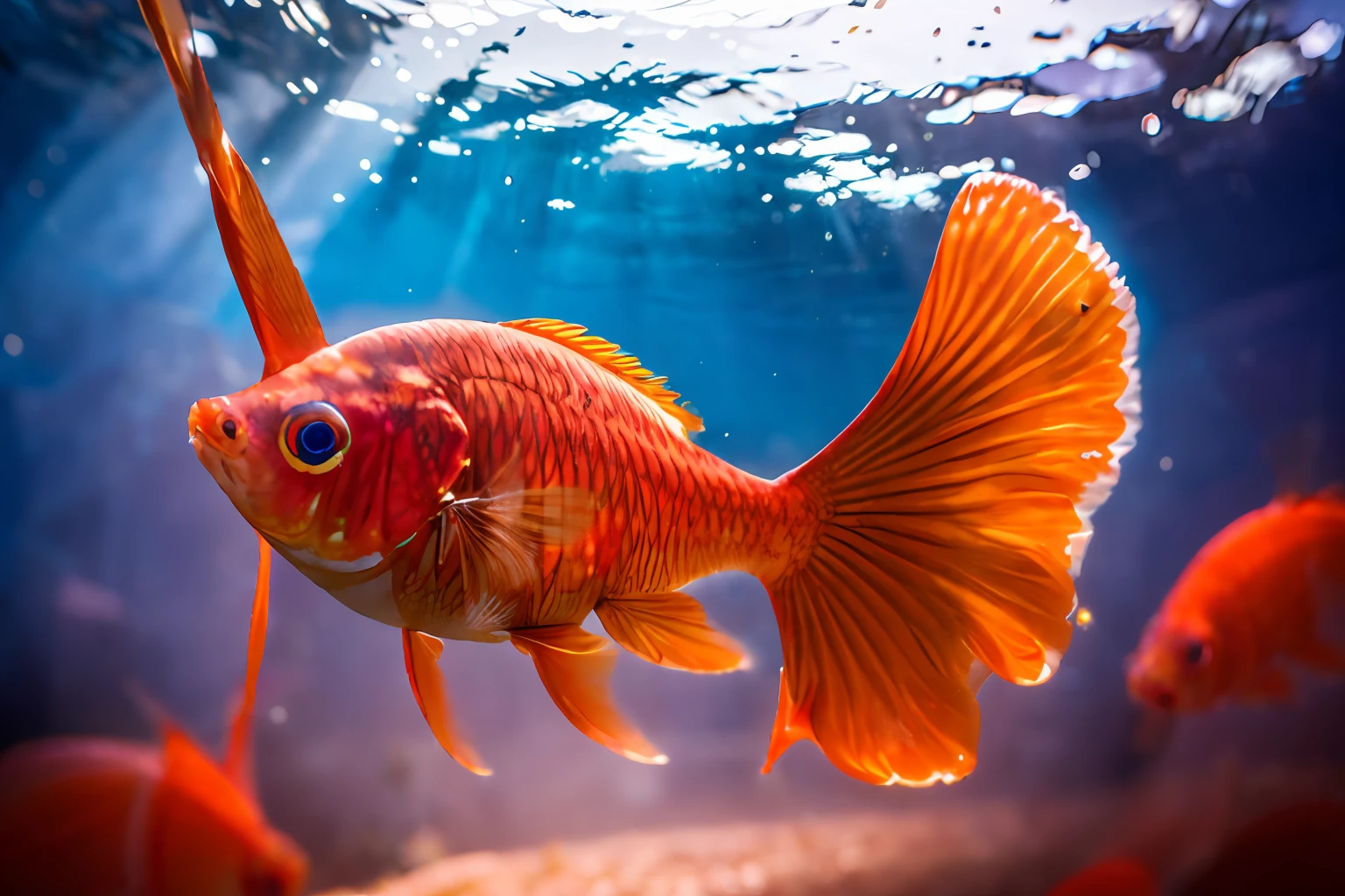 A single goldfish, beautifully spread fins, fine physique, tasteful body color and scale patterns, graceful swimming, and an imposing presence as the star of the show.