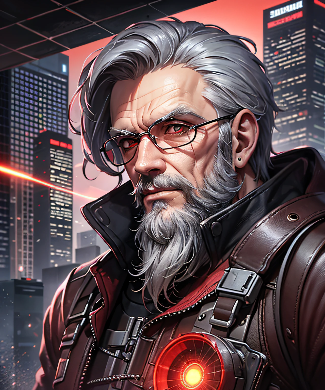 cyberpunk, bearded, old man, laser gun, beam from eyes, futuristic city, urban, devastation, big red moon, red moon, cyborg with body parts, cyber