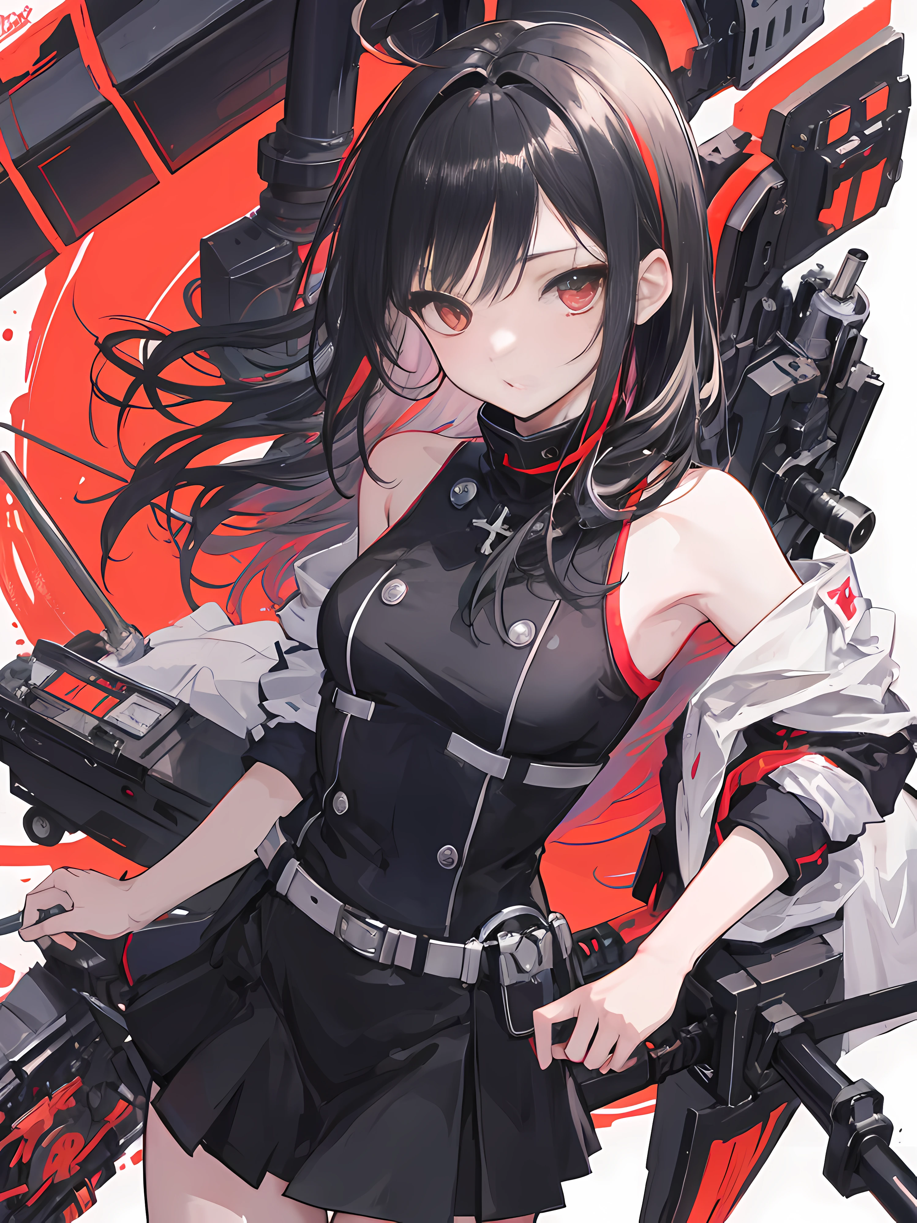 Anime girl with long gray black hair and black and white costumes, best anime 4k konachang wallpaper, kantai collection style, anime art wallpaper 8k, black long hair, black red, anime style 4k, long white hair, anime art wallpaper 4k, anime art wallpaper 4k, digital art on pixiv, anime girl with long black hair and black and white costume, Shi Tao's anime manga, pixiv competition winner, process art, best anime 4k konachang wallpaper, kantai collection style, anime art wallpaper 8 K, long black hair, black red, anime style 4 K, long white hair, ultra hd, (4k, masterpiece, best quality)), shuimobysim, electronic, cyber, cool, maxiskit, dress open 1 cool girl, solo, brunette hair, long hair, black, mechanical, mechanical gear, golden gear, many gears close to the girl, look at the audience, tease, ((masterpiece, best quality)), (1 cooi girl), (solo), (female focus), (ahoge, black and red hair, long hair), red eyes, (black shirt), (buttoned shirt)), ((black skirt), (short skirt), standing, colored background, bright color, gradient, colorful, behind arms, hand details, hands clear, hand complete, face detail, face close-up, eyes HD, pupil clear, detailed background