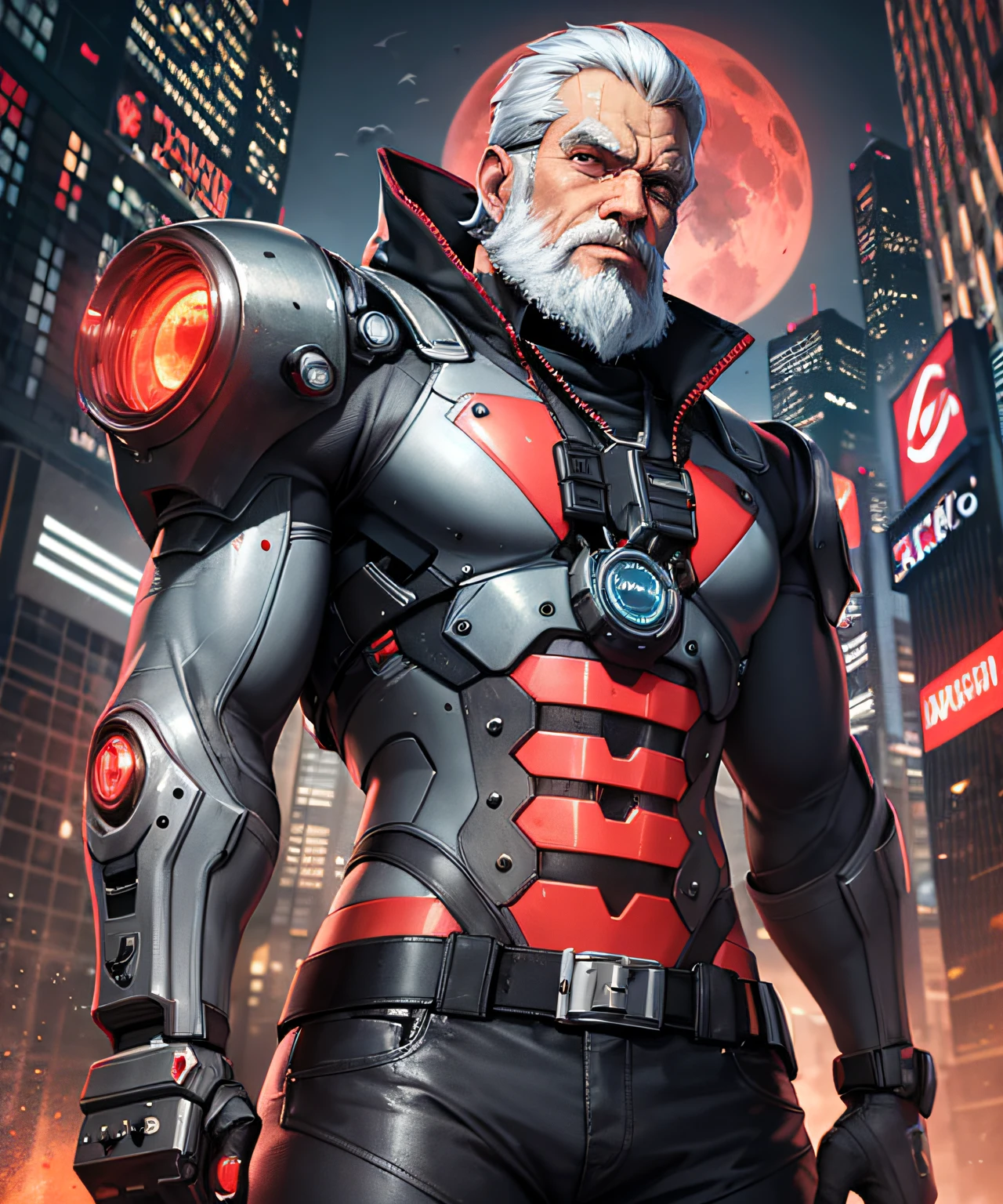 cyberpunk, bearded, old man, laser gun, beam from eyes, futuristic city, urban, devastation, big red moon, red moon, cyborg with body parts, cyber