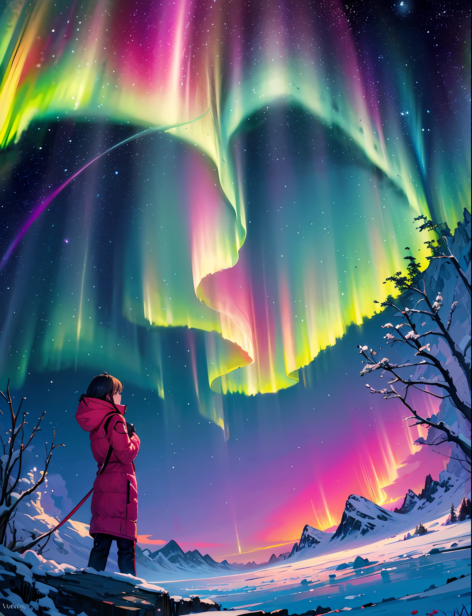 Masterpiece, neon stars, flowers around, god, truth, anticipation, depth, insight, understanding, mountain, galactic lush translucent clouds, spectrum, panorama, star cycle, cycle, portal, sea, aurora, northern lights
