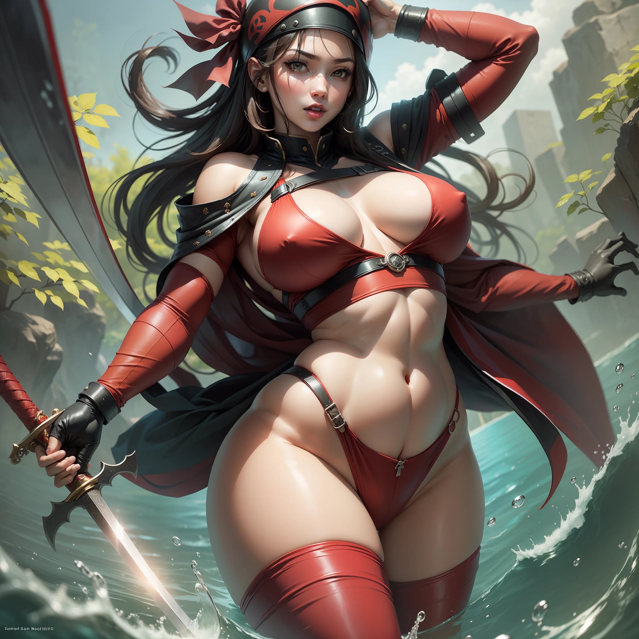 huge huge huge breasts, female ninja, red clothes, sword holder, in the water,