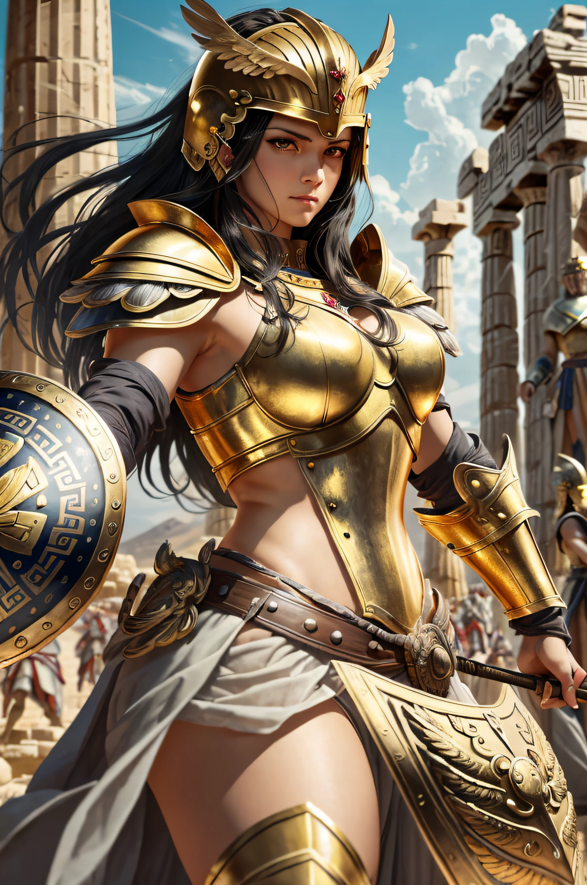 Goddess of war and wisdom, with ((black hair)) and ((gray eyes)), is fair-skinned, is tall and musclar, ((wears golden breastplate armor)), ((puts on an ancient greek helmet)), armed with a spear and a shield, looks brave and proud, battle stance, ready for combat, an owl perches on her shoulder, Greek mythology, mythic war, photorealistic, super high quality, super detail, description of ultra-accurate, precise hands, masterpiece, 8K, HDR