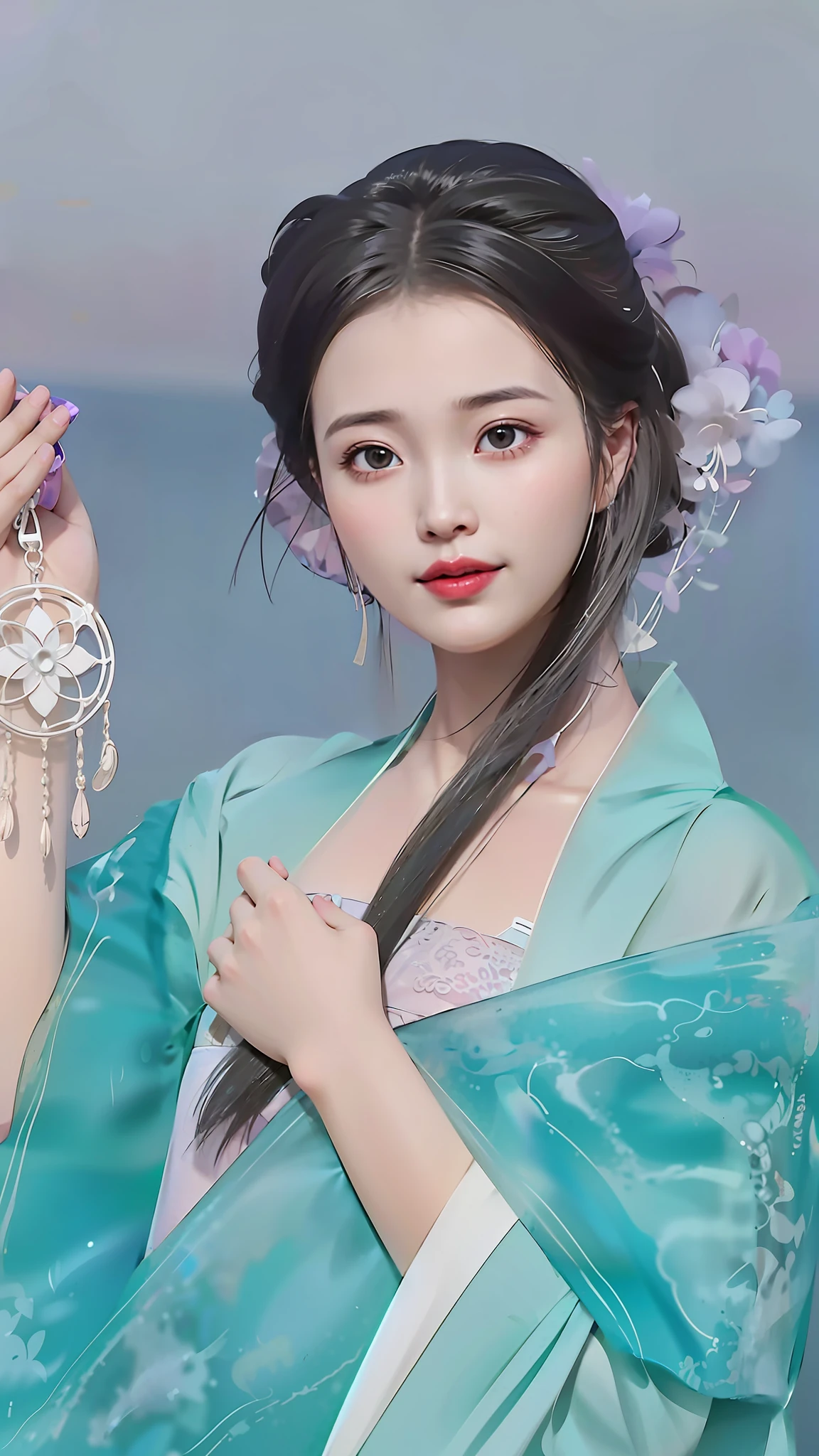 arafed woman in a blue dress holding a crystal and a flower, palace ， a girl in hanfu, wearing ancient chinese clothes, chinese style, inspired by Huang Ji, inspired by Lan Ying, ancient chinese beauties, with acient chinese clothes, inspired by Du Qiong, ancient chinese princess, dilraba dilmurat, traditional beauty