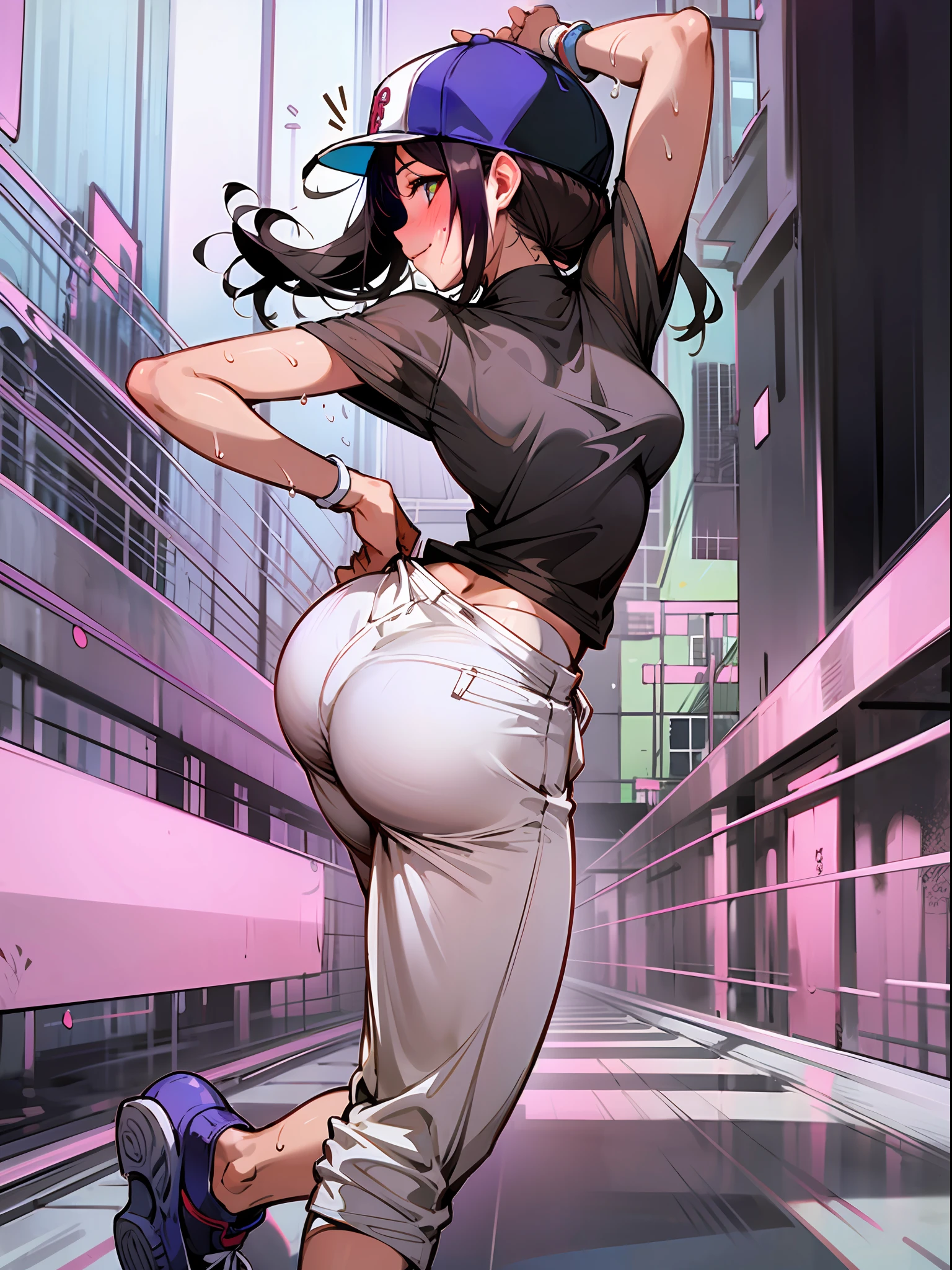 Masterpiece, super high quality, super detail, perfect drawing, solo, girl, dance club, hip hop dance, baggy pants, baseball cap, sneakers, back figure, dancing, round big butt, butt thrusting pose, bulging bust top, blush, sweat, tanned skin: (1.5), smile, ((clothes that cling to the body with sweat)), 18 years old, street, summer sky, cumulonimbus, Diagonal back shot, bust up, see-through, panty line, dynamism, dance