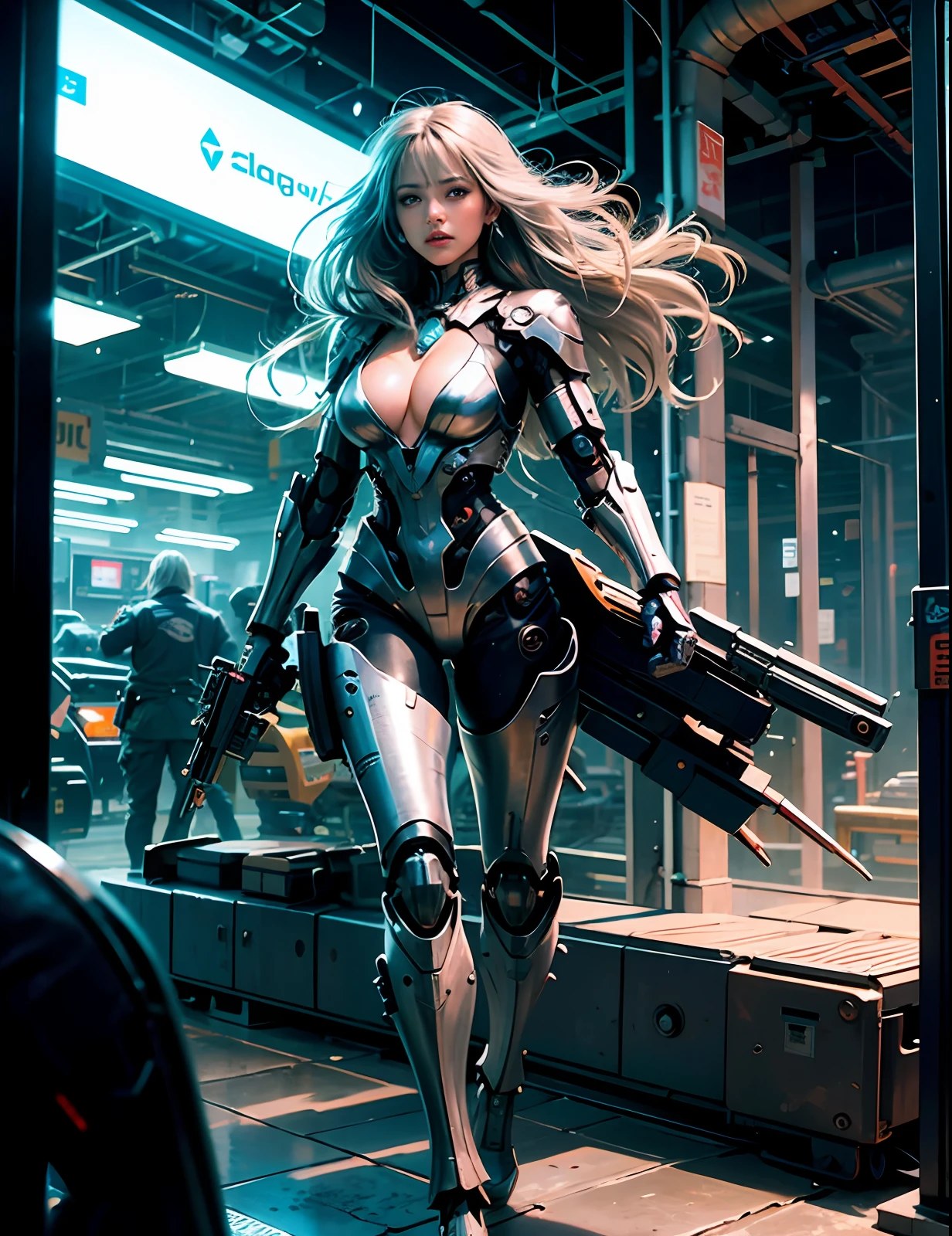 Silver hair, long fluttering hair, strong wind, orange eyes, shining eyes, cyborg female soldier, full body, big, face and chest are raw, cleavage is visible. photorealistic, large rifle, metallic, detailed mechanical parts, bundles of thin tubes, metal cylinders, detailed neon, fine LEDs, rooftops of futuristic buildings