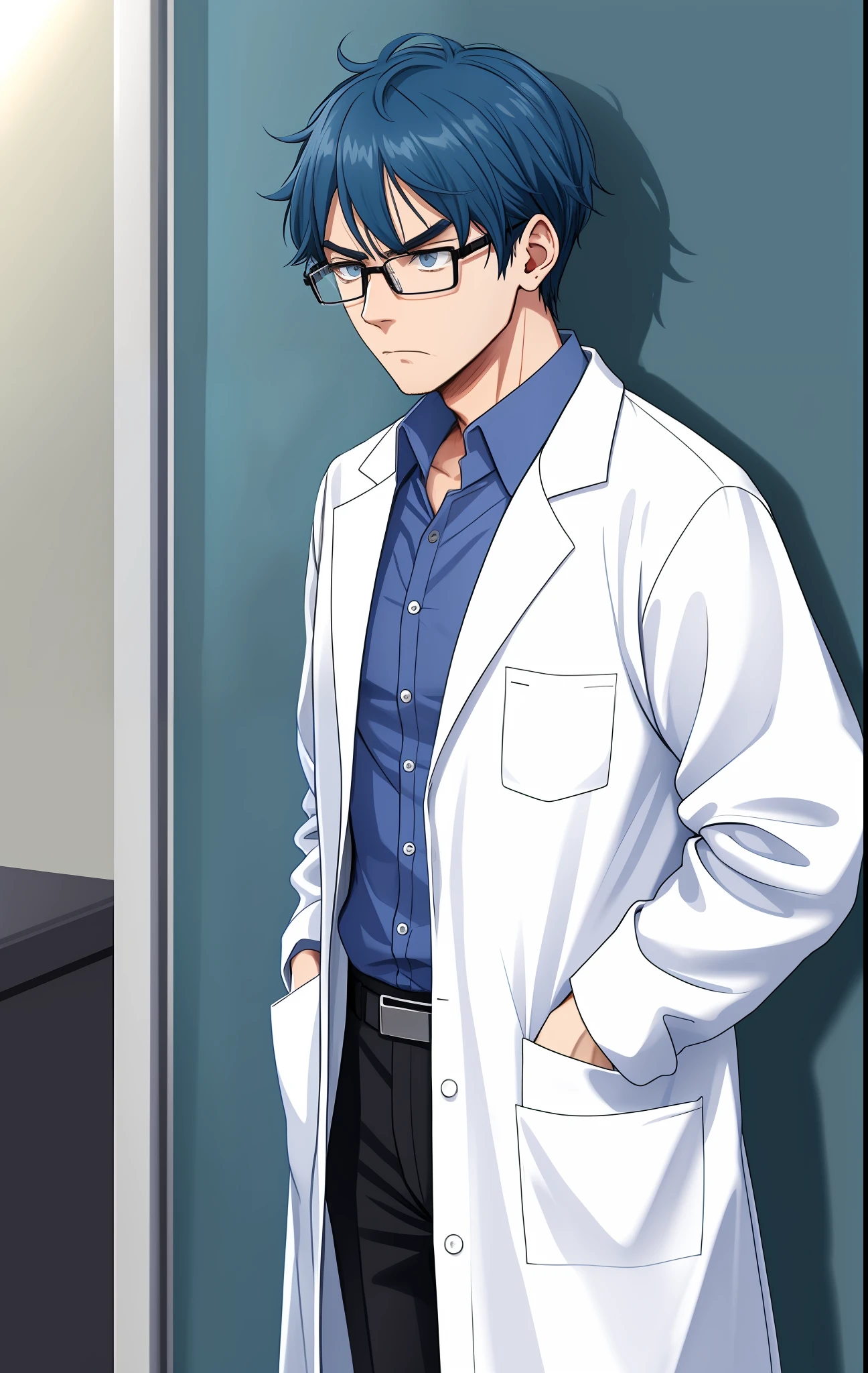 Shy man, wearing lab coat, second to a clipboard, blue hair, look of shame, scowling, wearing glasses