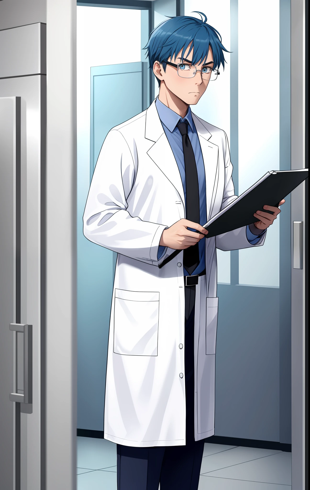 Shy man, wearing lab coat, second to a clipboard, blue hair, look of shame, scowling, wearing glasses