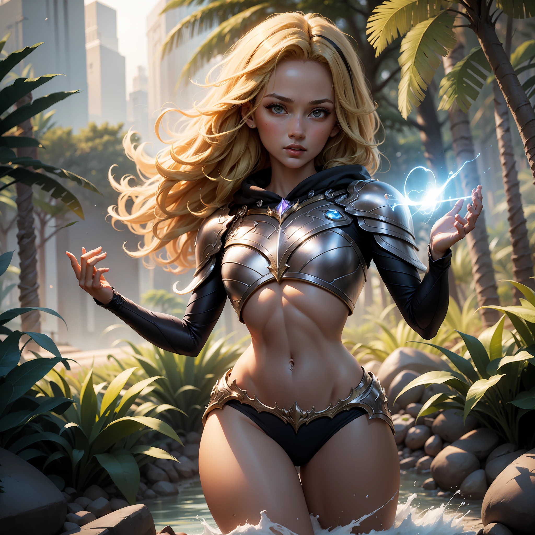 Light magic, Lux lol, league of legends, dematiano,1girl, Beautiful woman with thin abs :1.4, (blonde hair, small breasts :1.3), classic lux demacia clothing :1.2, demacia armor, seductive open lips, ultra-detailed face, detailed eyes, double eyelidwork, best quality, Lux, Lux lol, black lace hair ornament,light magic, light magic, trying to catch apple on the tree, small panties, rainforest background, bottom-up view, splash art, letting loose glow, light magic, power