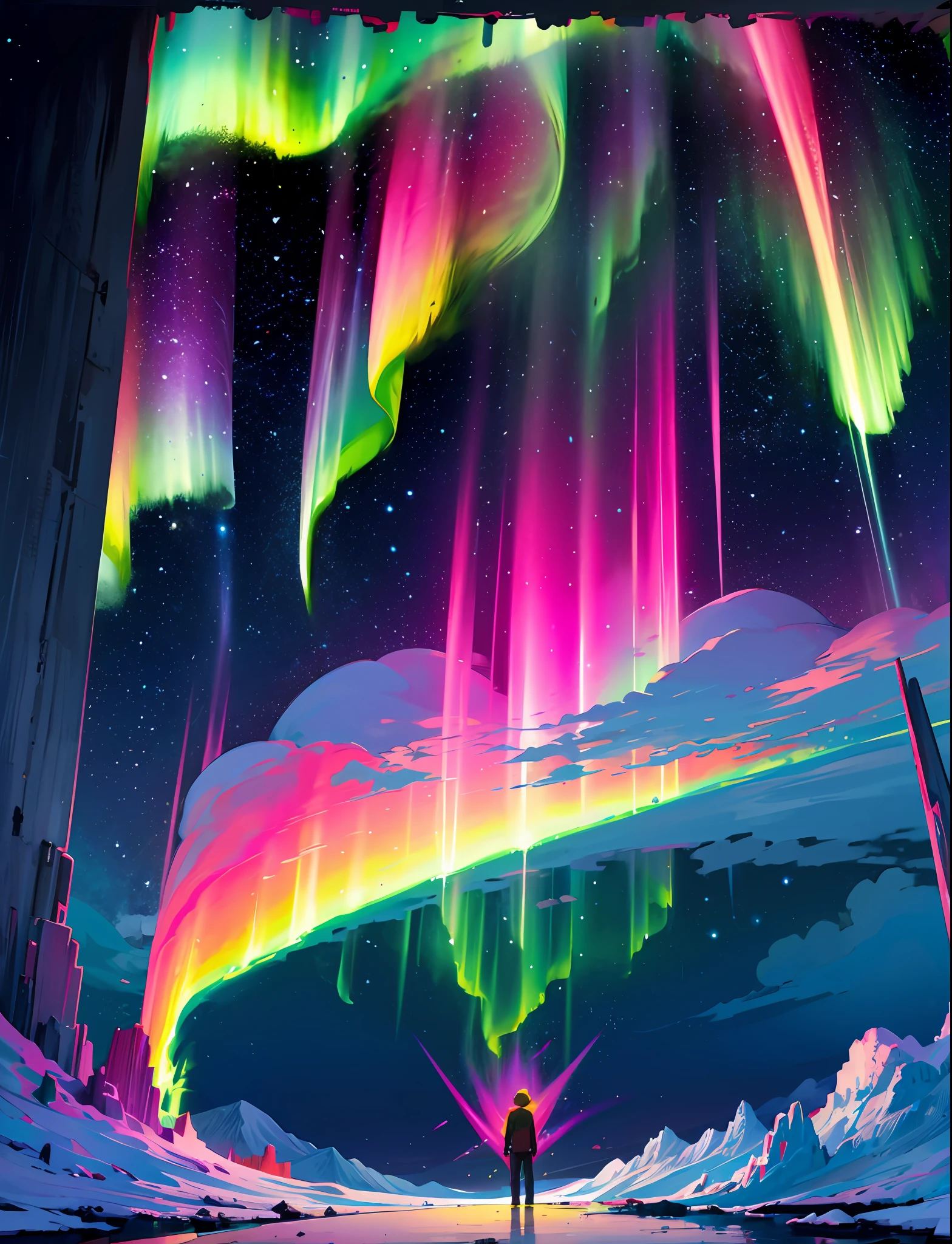 Masterpiece, neon stars, flowers around, god, truth, anticipation, depth, insight, understanding, mountain, galactic lush translucent clouds, spectrum, panorama, star cycle, cycle, portal, sea, aurora, worldwide northern lights