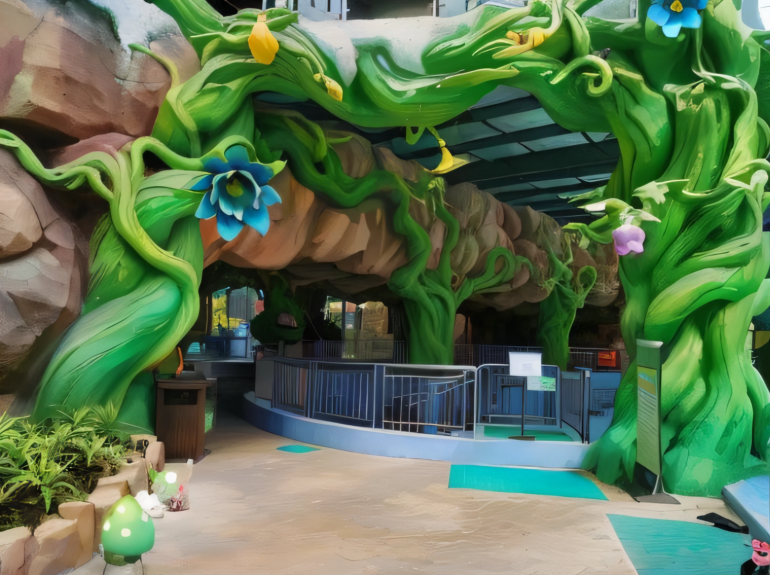 there is a large green and blue flower archway in a building, amusement park interior design, photograph of enchanted garden, inside the wishing well cavern, pandora jungle, alien forest in background, fairyland bridge, magical area, enchanted magical fantasy forest, the jungle at the background, jungle setting, flying trees and park items, inside an alien jungle, amusement park buildings --auto