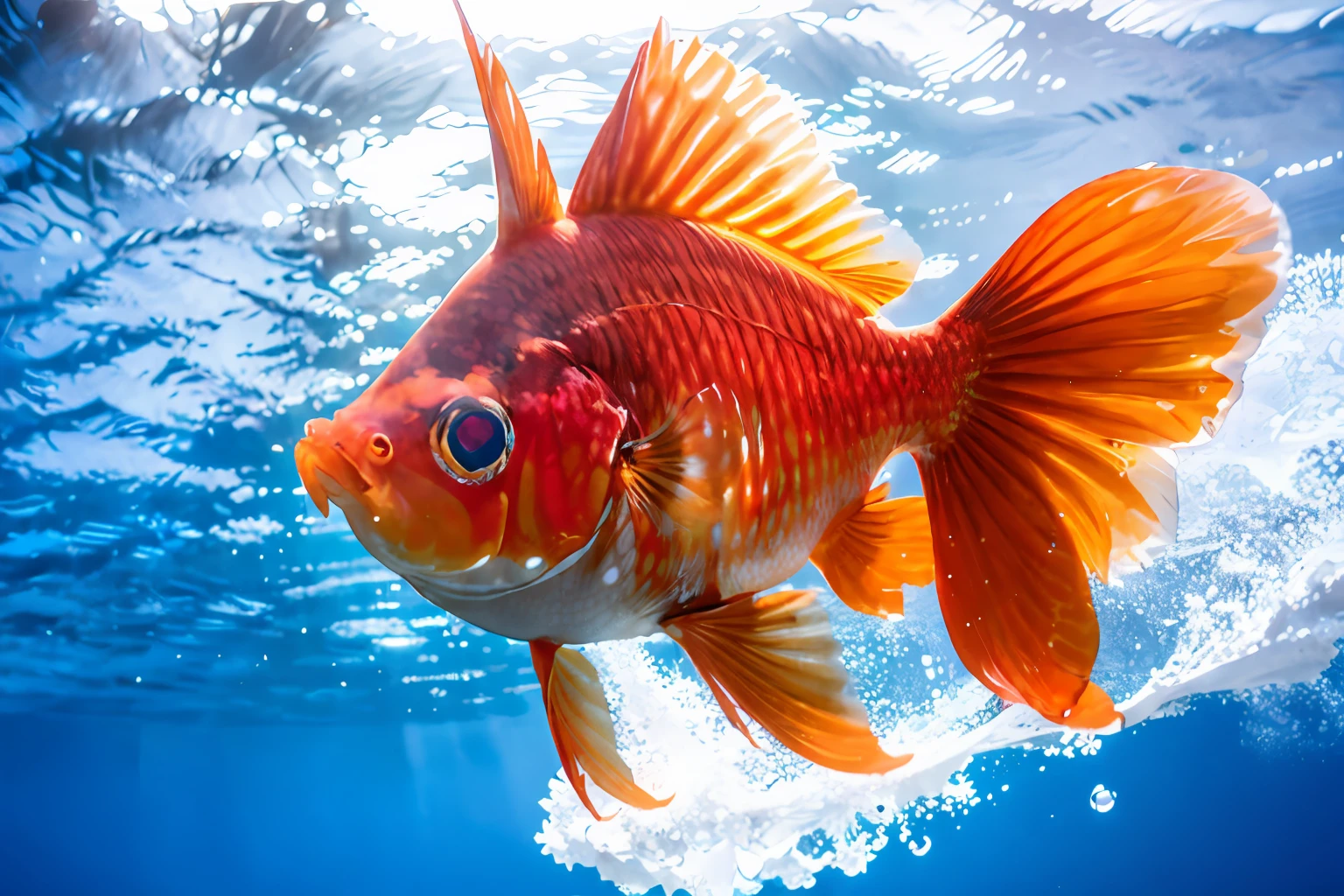 A single goldfish, beautifully spread fins, fine physique, tasteful body color and scale patterns, graceful swimming, and an imposing presence as the star of the show.