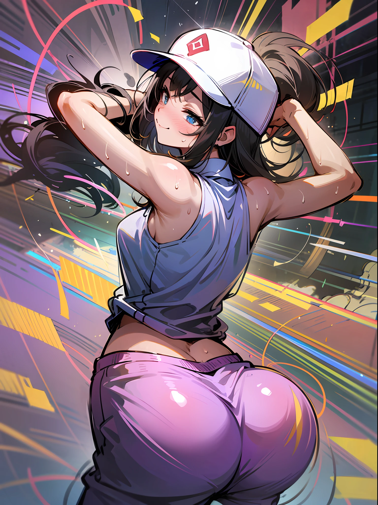 Masterpiece, super high quality, super detail, perfect drawing, solo, girl, dance club, hip hop dancer, baggy pants, baseball cap, sneakers, back figure, dancing, round big ass, butt thrusting pose, bulging bust top, blush, sweat, tanned skin: (1.5), smile, (clothes that cling to the body with sweat)), 18 years old, street, summer sky, cumulonimbus, Diagonal back shot, bust up, see-through, panty line, dynamism, dance