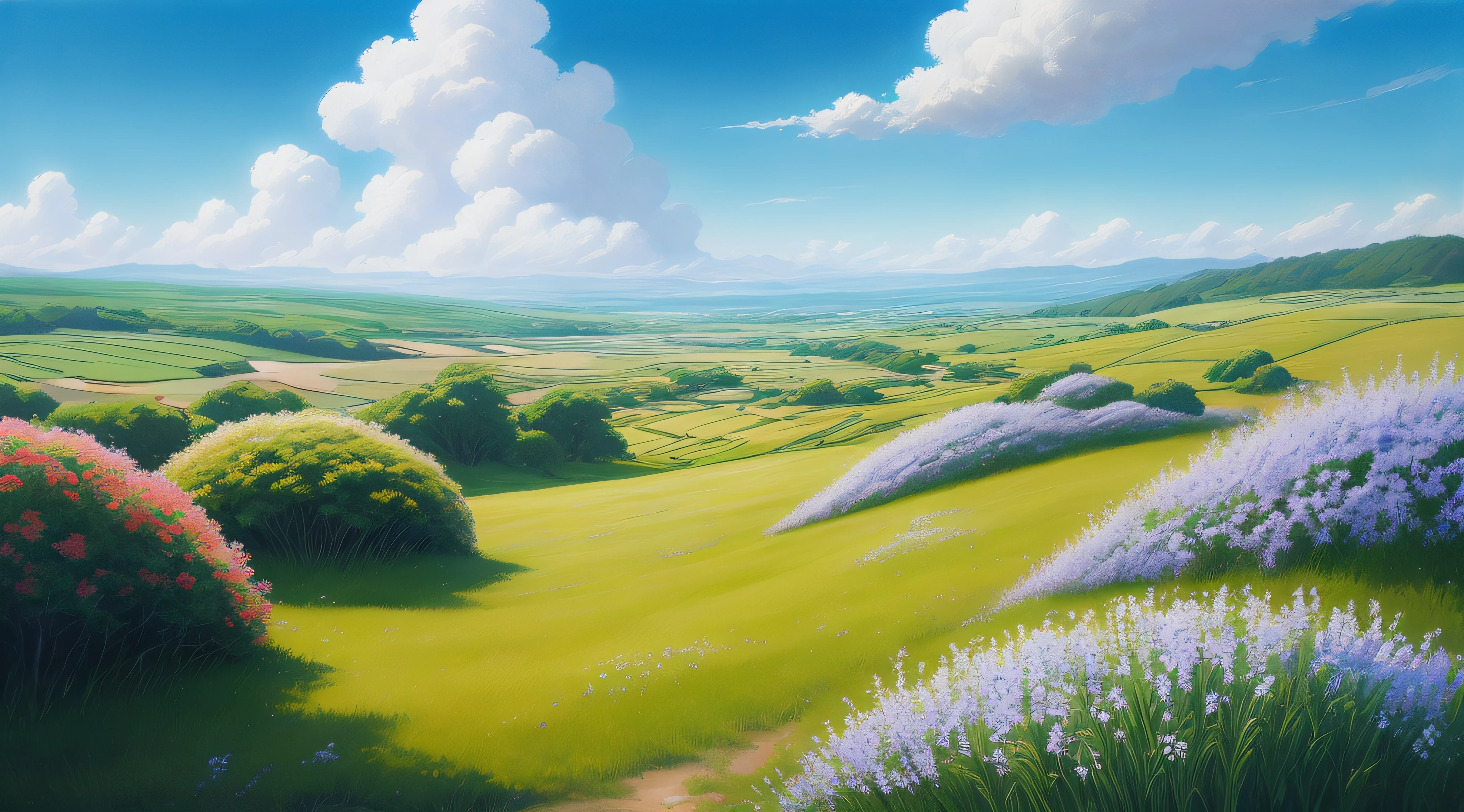 Realistic, authentic, beautiful and amazing landscape oil painting Studio Ghibli Hayao Miyazaki's petal grassland with blue sky and white clouds --v6