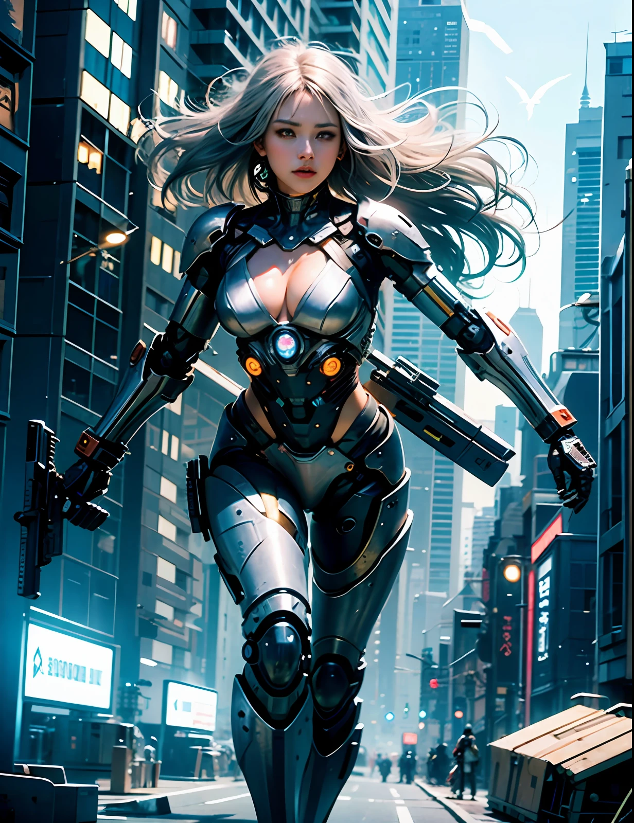 Silver hair, long fluttering hair, strong wind, orange eyes, shining eyes, cyborg female soldier, full body, big, face and chest are raw, cleavage is visible. photorealistic, large rifle, metallic, detailed mechanical parts, bundles of thin tubes, metal cylinders, detailed neon, fine LEDs, rooftops of futuristic buildings