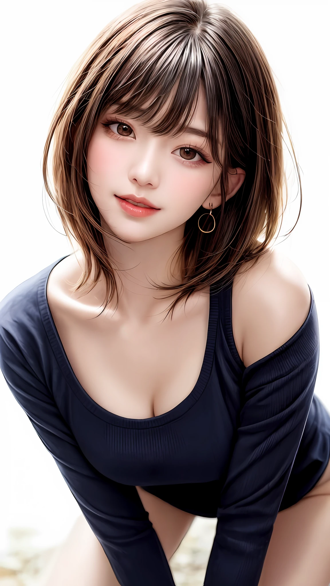 Pee (incontinence: 1.47), fashion trendy beautiful and attractive woman, gentle and attractive Chinese beautiful woman, Korean (kpop idol), delicate and sexy collarbone, attractive oval face, double eyelids, smart [peach] flower eyes, pink lips, small nose, bare shoulders, focus on face, [[face close-up], ultra high definition, super detail, White off-shoulder lace shirt, (((white lace panties), fresh and impressive, natural (large: 1.25), (kneel on the ground), (legs wide open), (legs spread), (from a low angle), (upright 1.5), (shiny skin: 1.4), (low angle)), perfect figure, ??????, cleavage, armpit wrinkles, (floor urine)), (NSFW: 1.05), ( Showpiece, top quality, high precision)), one girl, (big, photorealistic: 1.4), (slightly above the camera, looking up at the camera, looking up, looking up at the camera, staring at the camera))), solo, solo, white background, snow-white background, mouth closed, happy smile, pretty black hair, short hair, big eyes, pronounced double eyelids, eyelashes, ears out, long neck, long neck, Absolute area, ((close-up of face, short hair with bangs)), 19 years old, attractive proportions, shiny skin, clean collarbone, golden ratio face, perfect face, teardrop mole, chest mole, bangs, clean bangs, beautiful bangs, lip gloss, thin lips, white skin, undressed, big breasts, small face, staring at the camera a little upwards, ((smiling a little at the camera, really nothing pure white background, very big, big big, big breasts)), ((((uniform, shirt))))