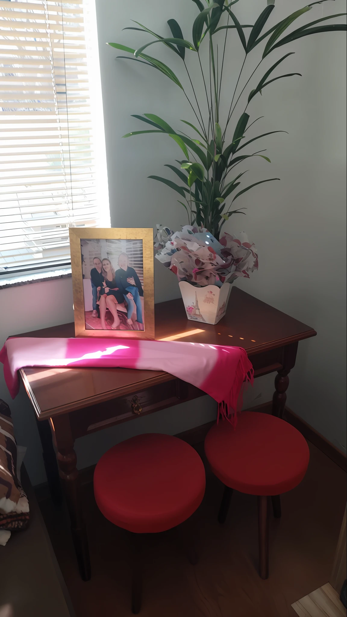 there is a table with a picture frame and two stools, afternoon sunlight, masterpiece work of art, looking partly to the left, placed in a living room, digital photograph, morning sunlight, afternoon sunshine, last photo, brightly lit pink room, picture frames, perfect crisp sunlight, home photography portrait, cash on a sidetable, a picture, photo taken from above
