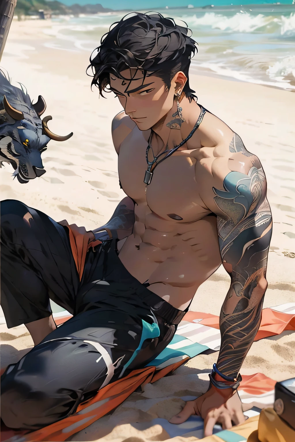 Realistic, (masterpiece, top quality, best quality, official art), very detailed, colorful, most detailed, gods, short hair, black hair, handsome man, sea, necklace, beach, pectorals, abs, beach pants