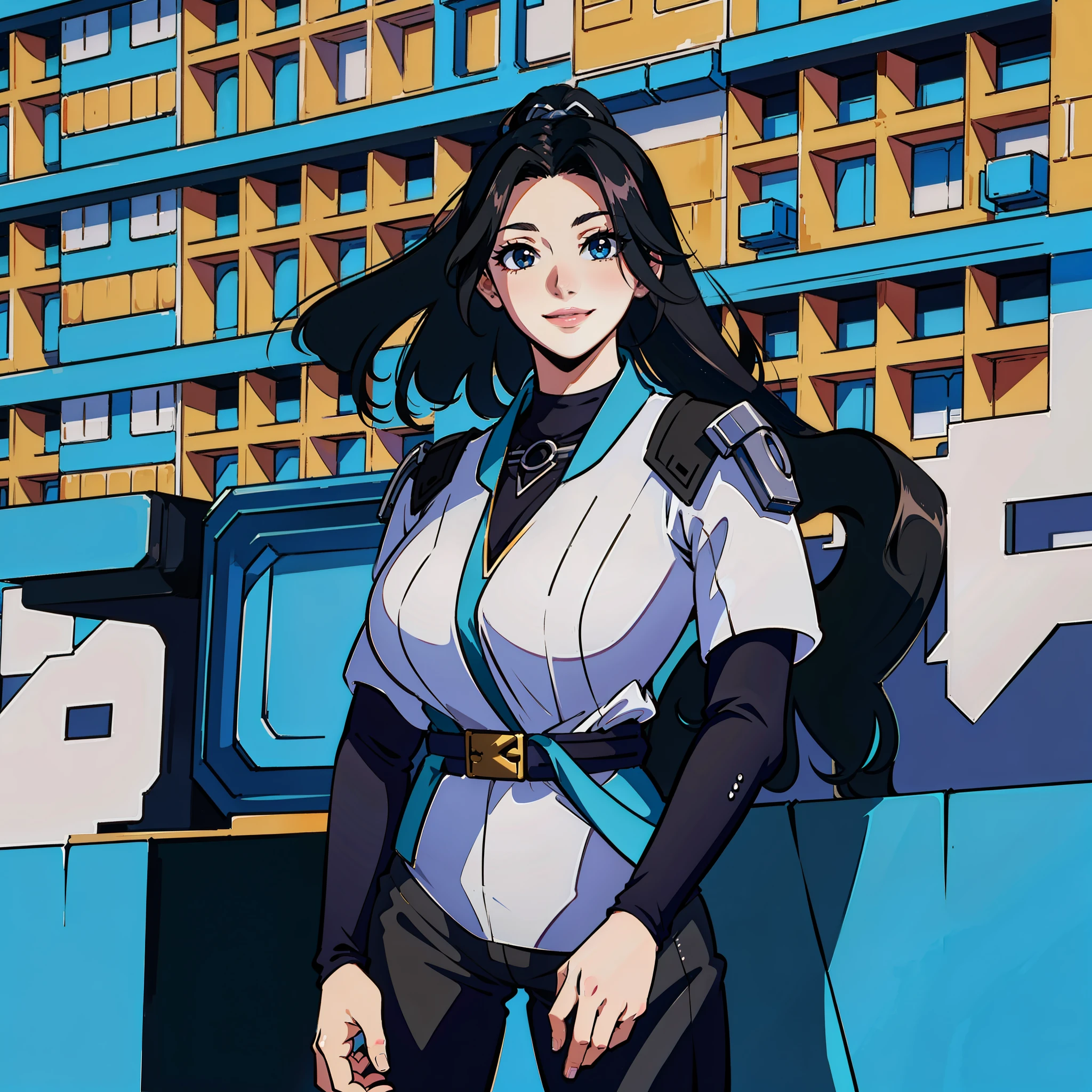 (masterpiece),(best quality:1.0), (ultra highres:1.0), detailed illustration, 8k, 1girl, beautiful, sage(valorant), Valorant, beautiful lady, elegant, black eyes, detailed eyes, black hair, detailed hair detailed, highlights on hair, ponytail, smiling, standing, best quality, detailed