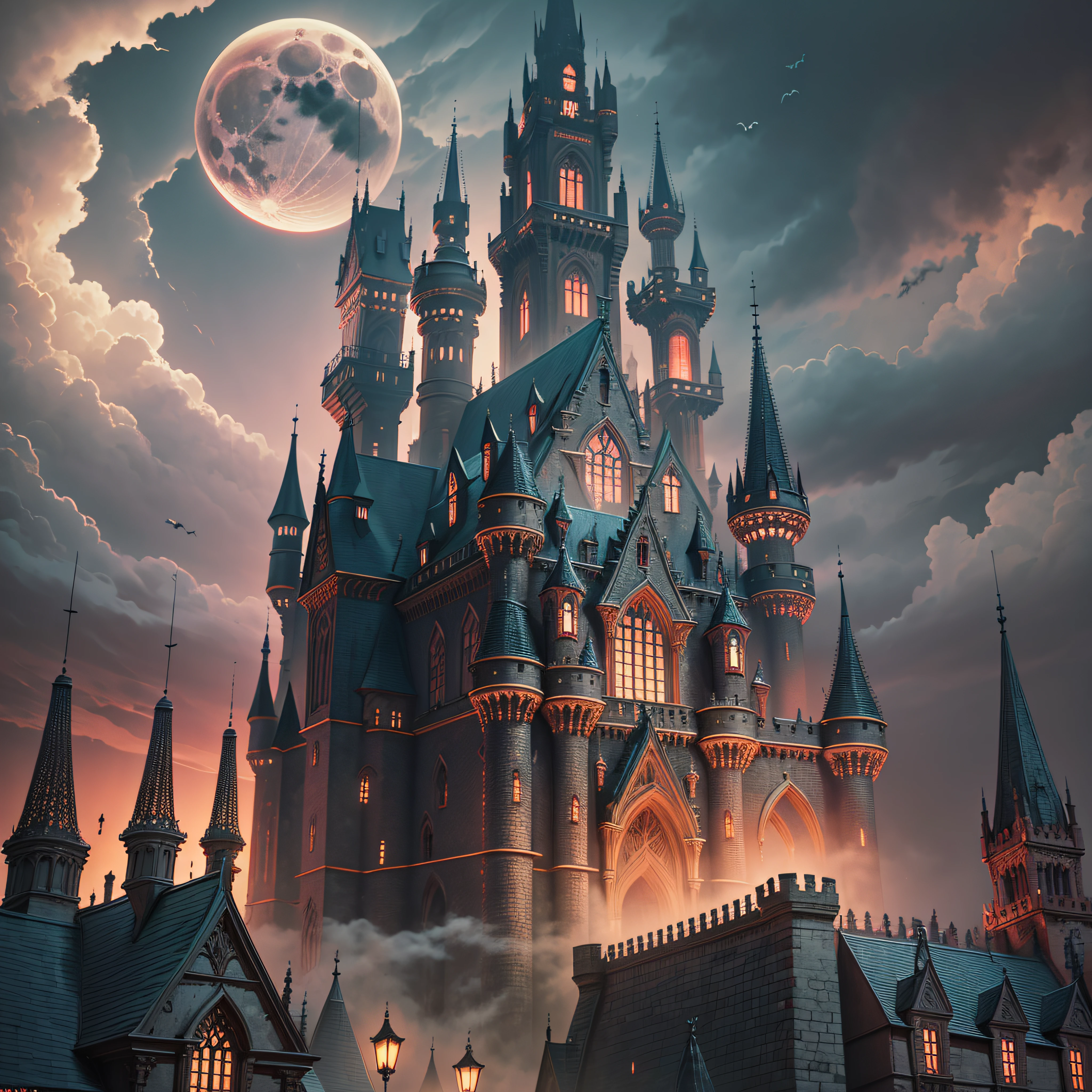 Blood moon lit in the night sky, dark style, gothic, mystery, extremely high resolution 8k, perfection, fog in the atmosphere, night pitch black --auto