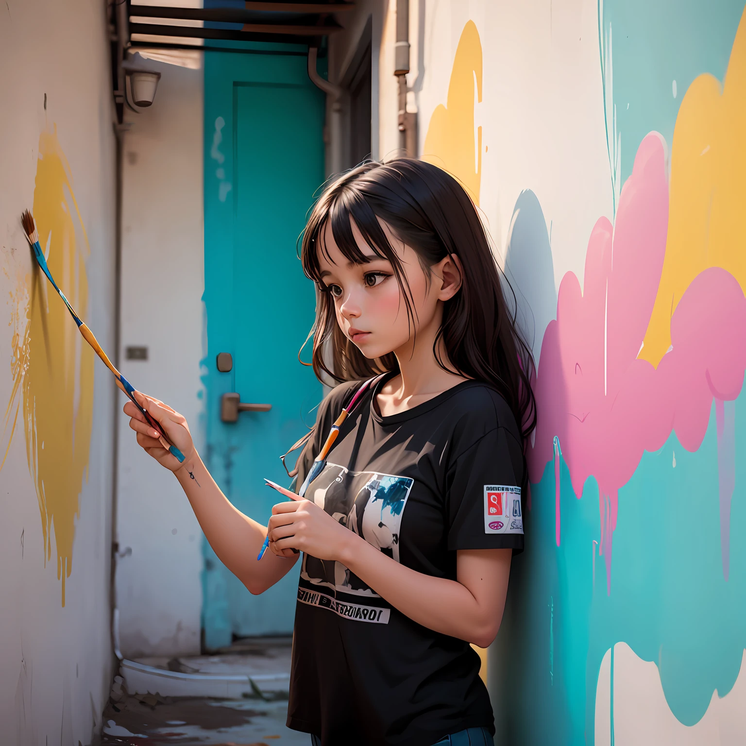 Girl with a paintbrush, painting a wall --auto