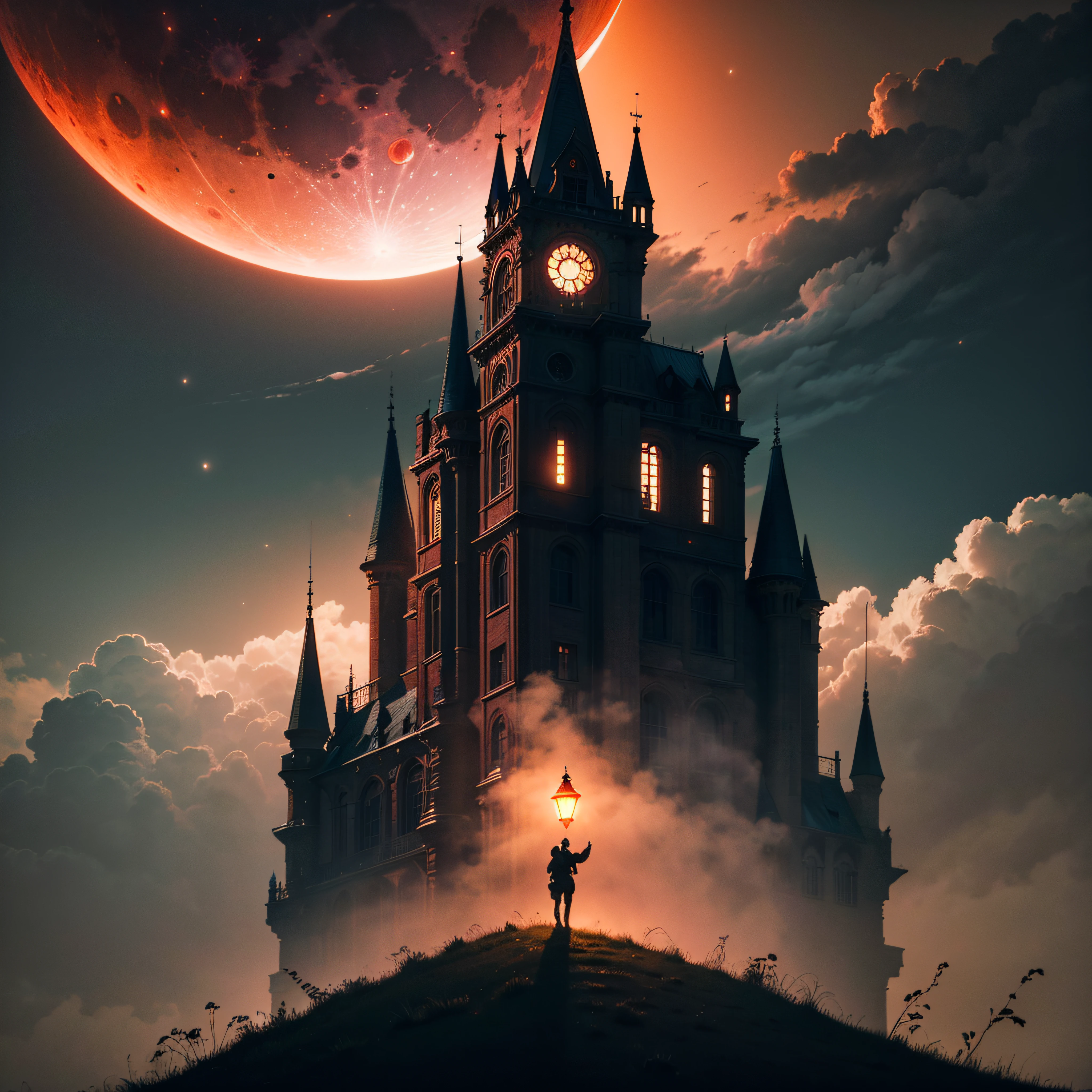 Blood moon lit in the night sky, dark style, gothic, mystery, extremely high resolution 8k, perfection, fog in the atmosphere, night pitch black --auto