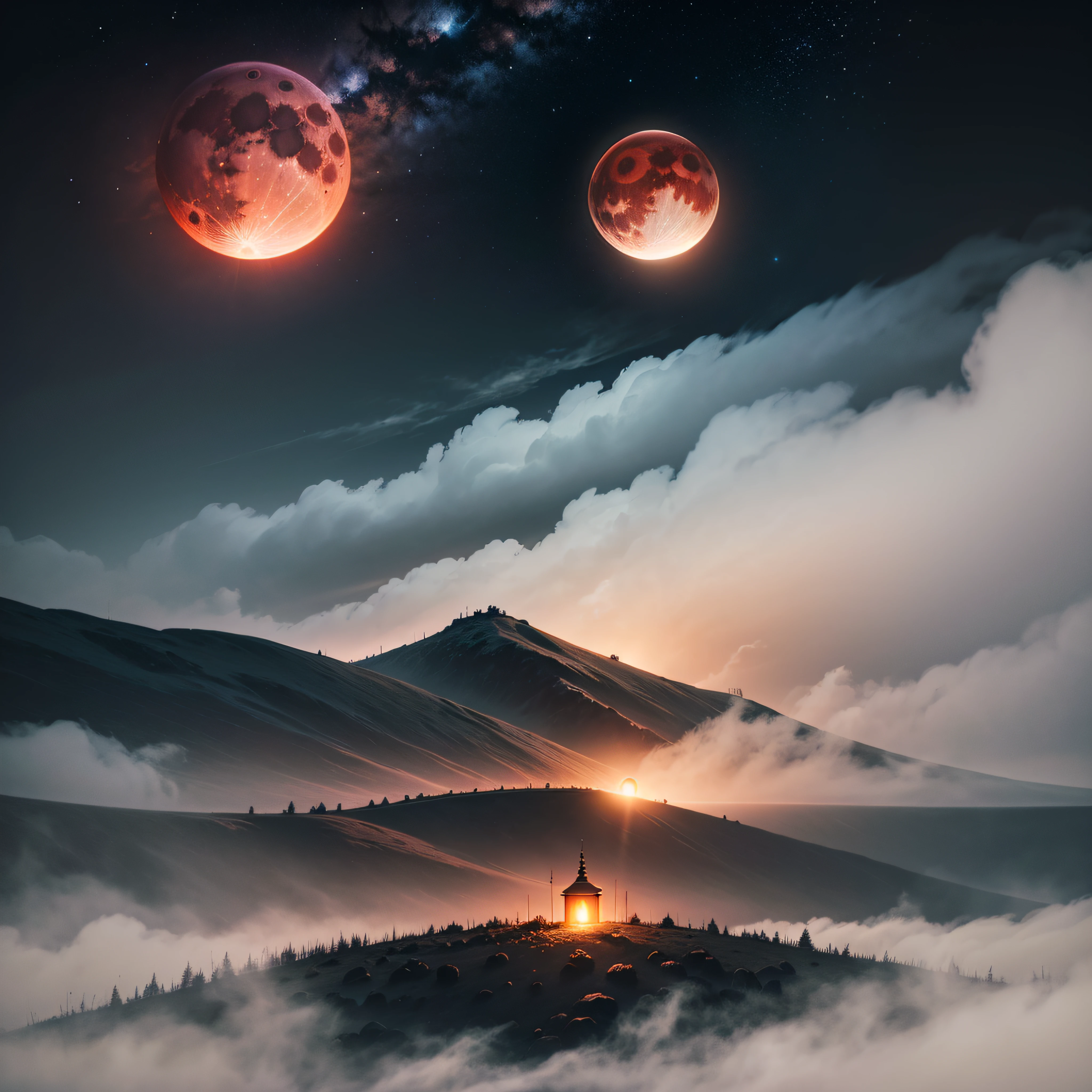 Blood moon lit in the night sky, dark style, gothic, mystery, extremely high resolution 8k, perfection, fog in the atmosphere, night pitch black --auto