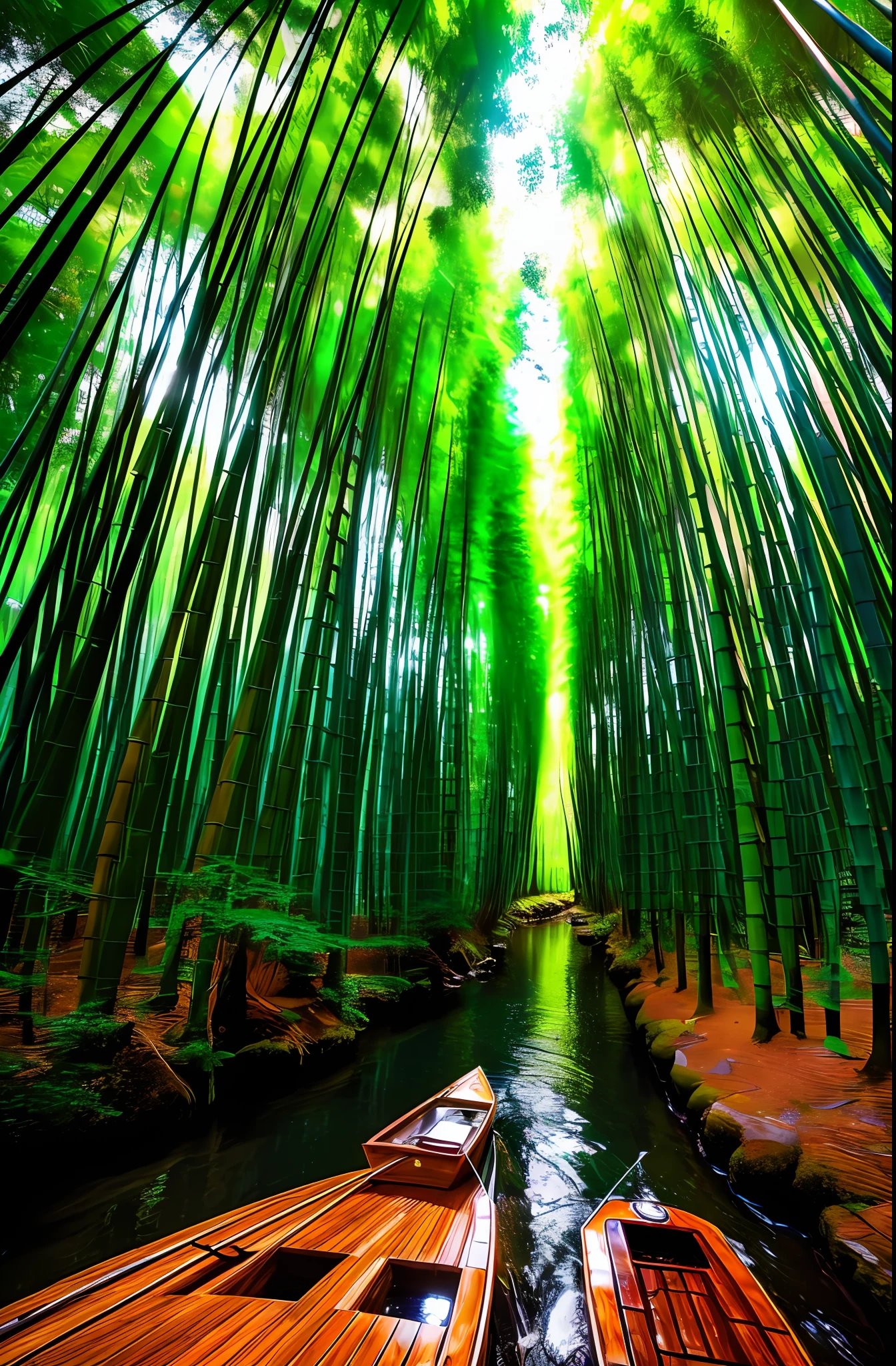 Green water, green mountains, bamboo forest, sun, light, river, boat --auto
