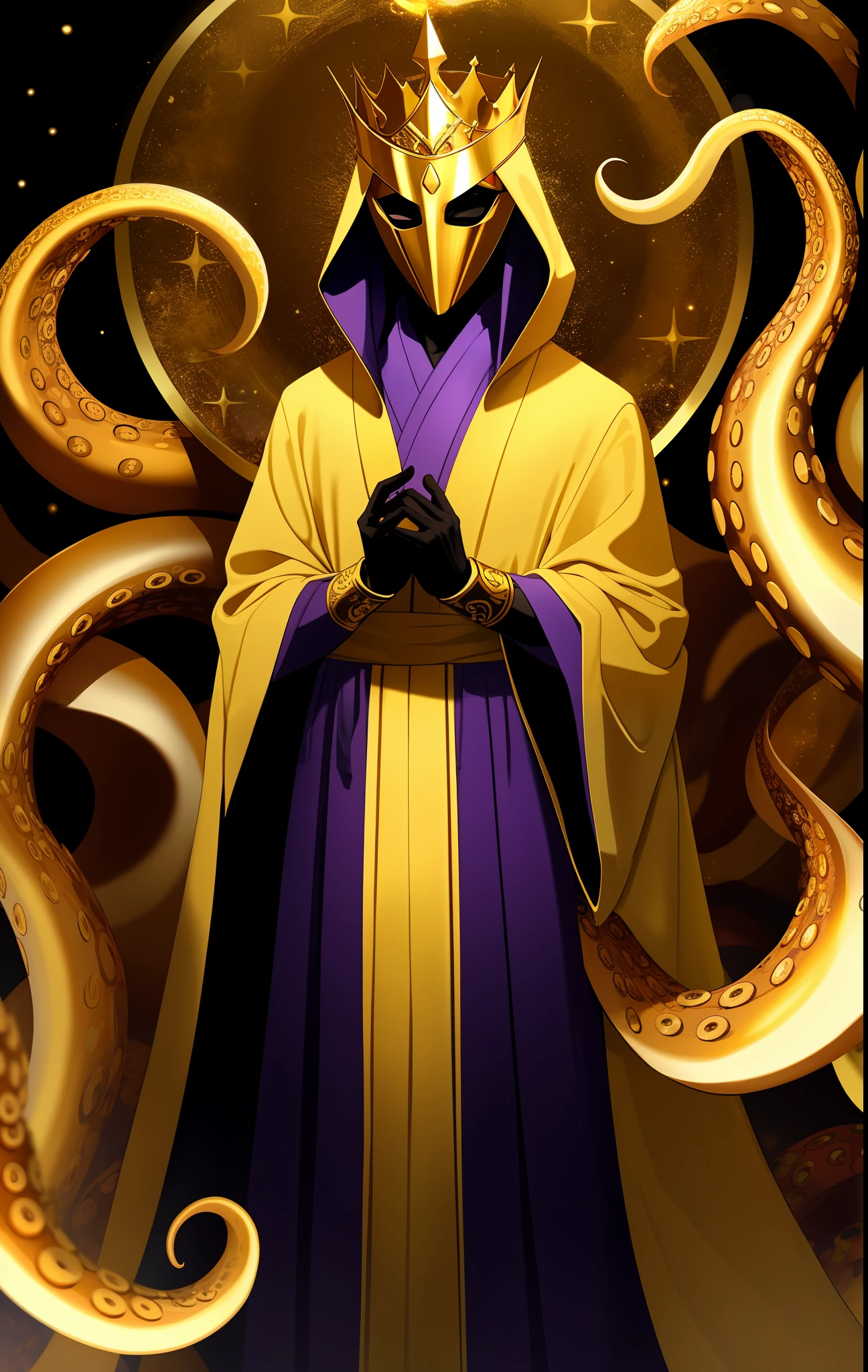 humanoid creature, wearing a yellow robe, wearing a mask and a golden crown, with purple tentacles, with golden aura, king in yellow ceremonial robe, with tentacles, wearing mask