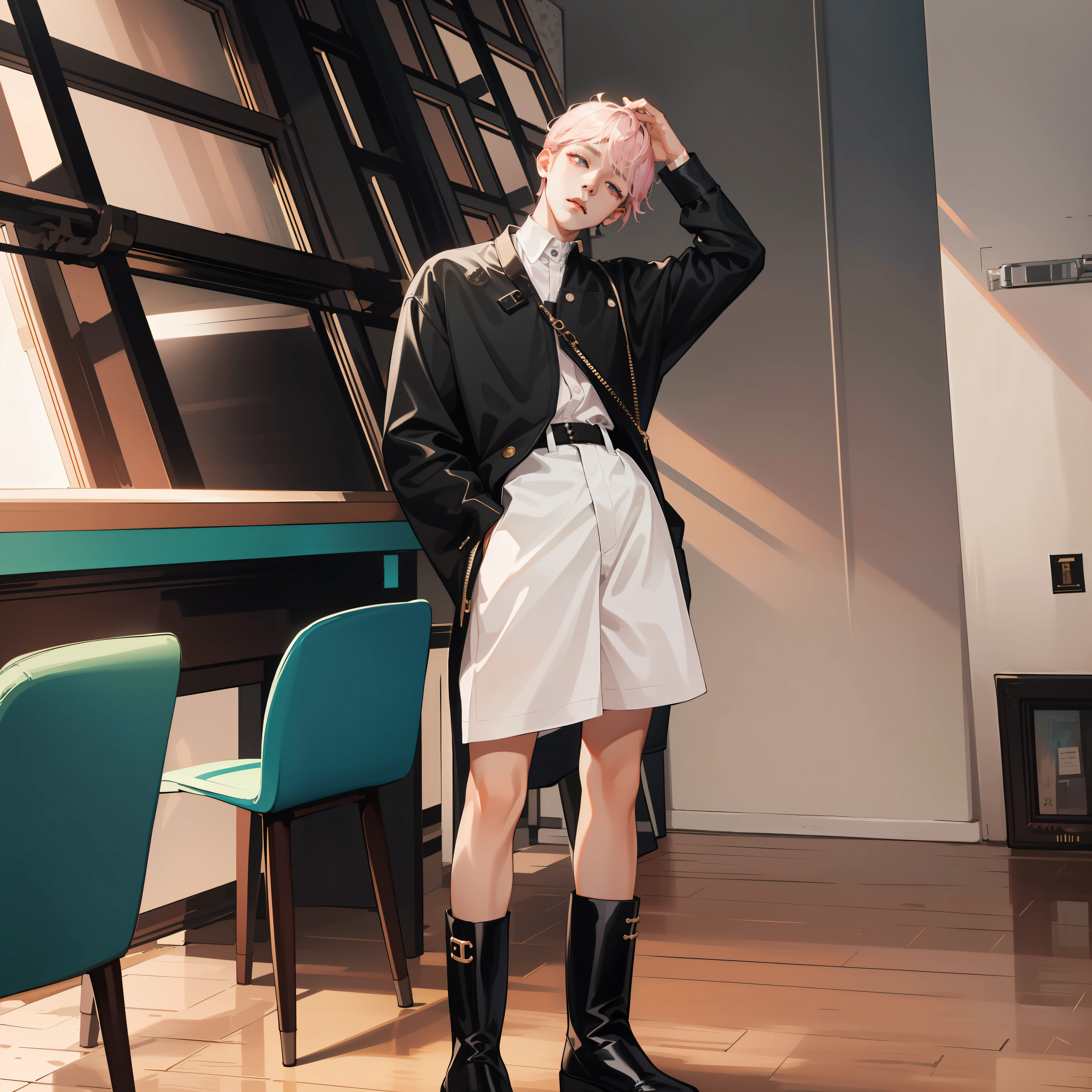 absurdres, highres, ultra detailed) 1 male, adult, tall slender, cute, finely detailed eyes, intricate details, kpop idol, baby pink short hair, oversize shirt, black latex shorts, leather boots, hello kitty, (bloom)