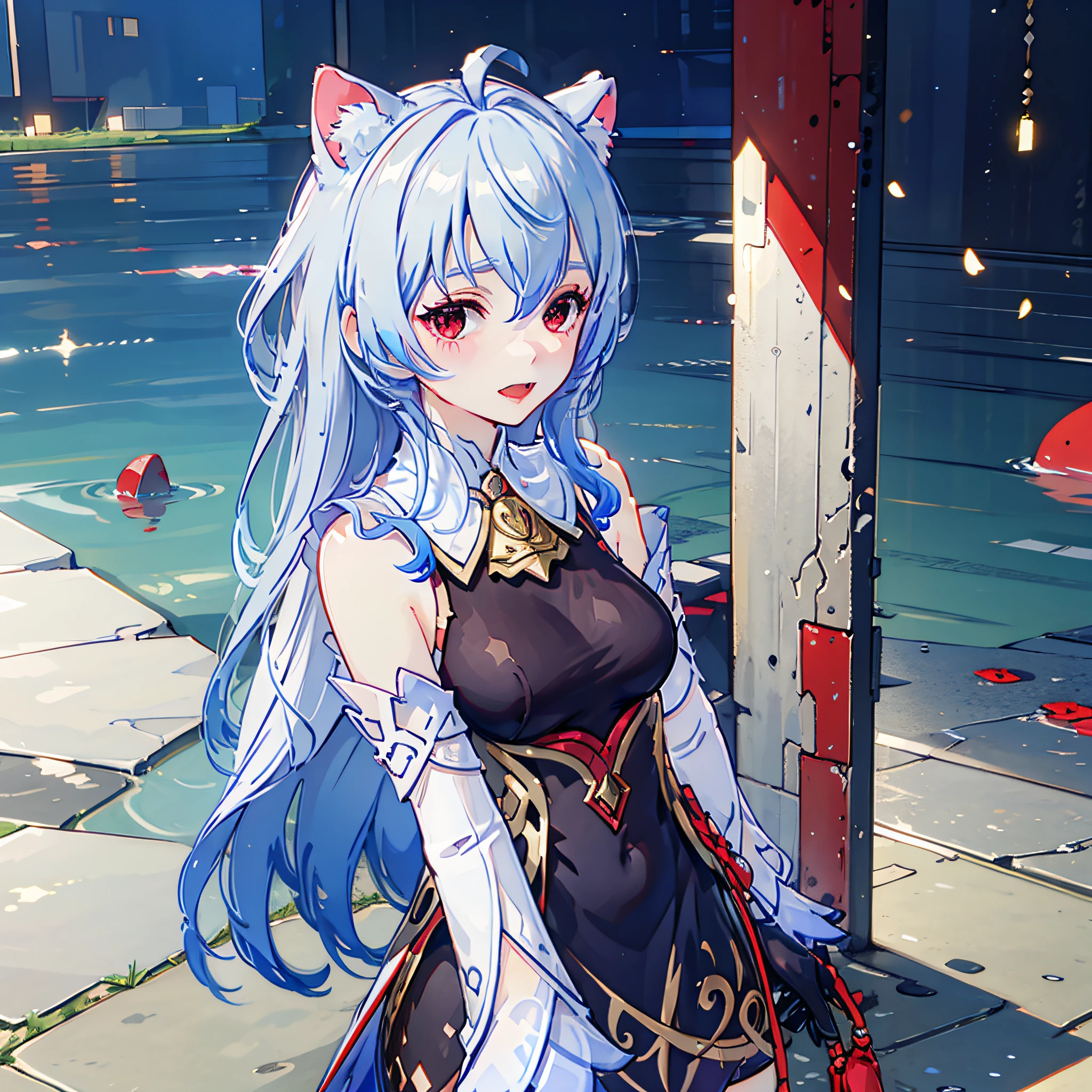 Long head with white hair, cute, red eyes, low cat ears, blushing, vaginal water, making sounds, panting, li
