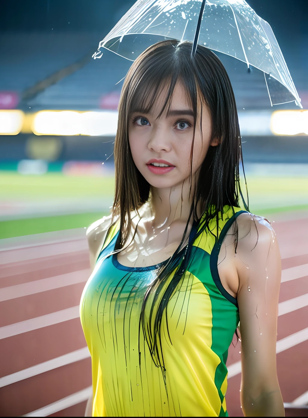 1 woman, 8k, RAW photo, (top quality, masterpiece, intricate detail: 1.4), (realistic, photorealistic: 1.3), (realistic: 1.3), photorealistic, Japan female track and fielder, (rainy weather)), ((woman standing on the track in the stadium: 1.8)), (beauty like an actress in Japan), (heavy rain), (((thin track and field team tank top)) , (light-colored athletics team tank top), (rain-soaked and see-through skin tank top), rain-wet and sticky athletics team tank top, wet colored bloomer, (wet hair), (wet bangs), wet skin, (transparent nipple protrusion), , (small face: 1.5), (tense expression), light makeup, thin eyebrows, detailed and beautiful face, detailed eyes, (tear bags: 1.5), detailed fingers, detailed legs, detailed skin, medium breasts, shiny hair, shiny skin, hair wet and dripping, wet and dripping skin, wet and dripping tank top, (no bra), (no underwear),