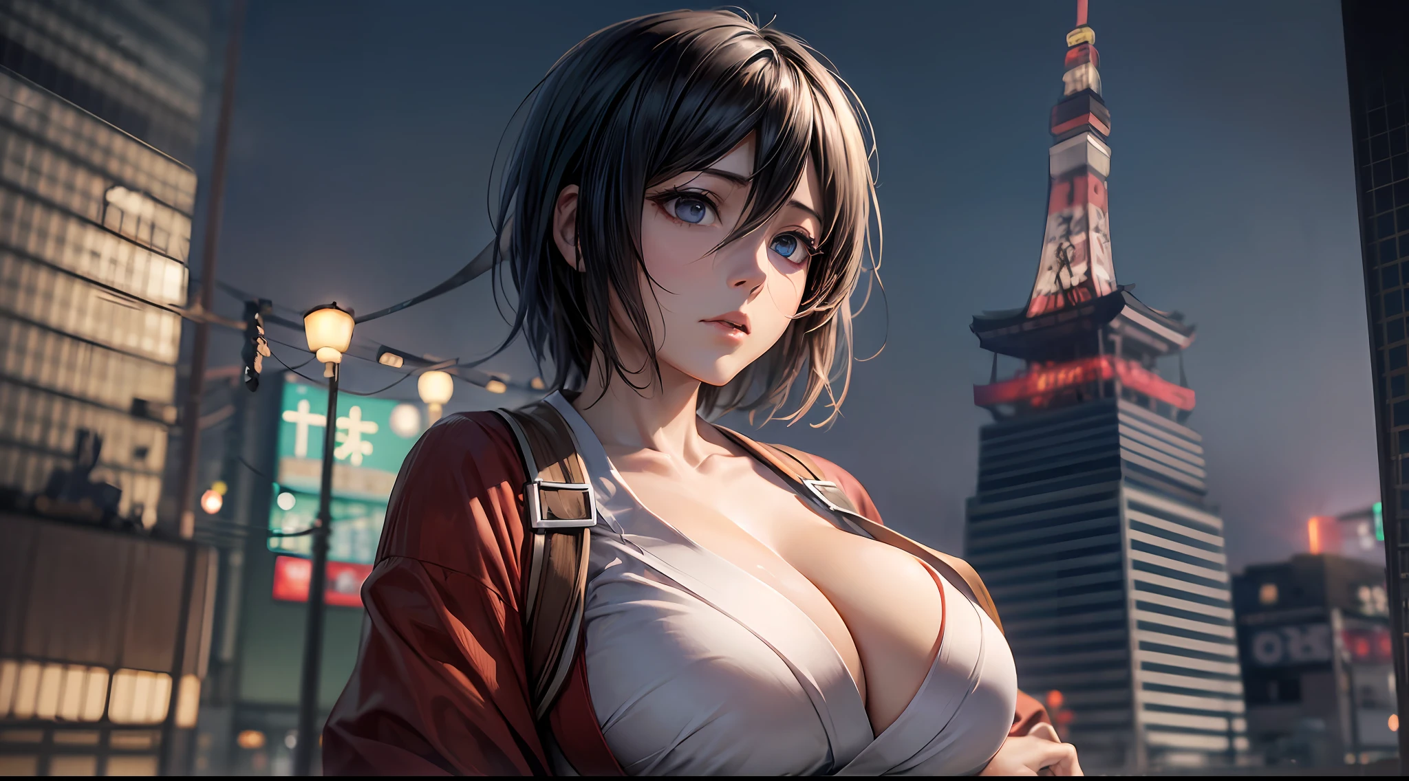 (Attack on Titan, Mikasa Ackerman), brown skin, (kimono), (short black hair), young, cute, beautiful girl, perfect style, gigantic breasts, emphasizing cleavage, expressionless, realistic, realistic, 8k, very detailed, highest quality, best quality, best definition, super high definition, masterpiece, one girl, (((Background is Japan Tokyo Tower)),