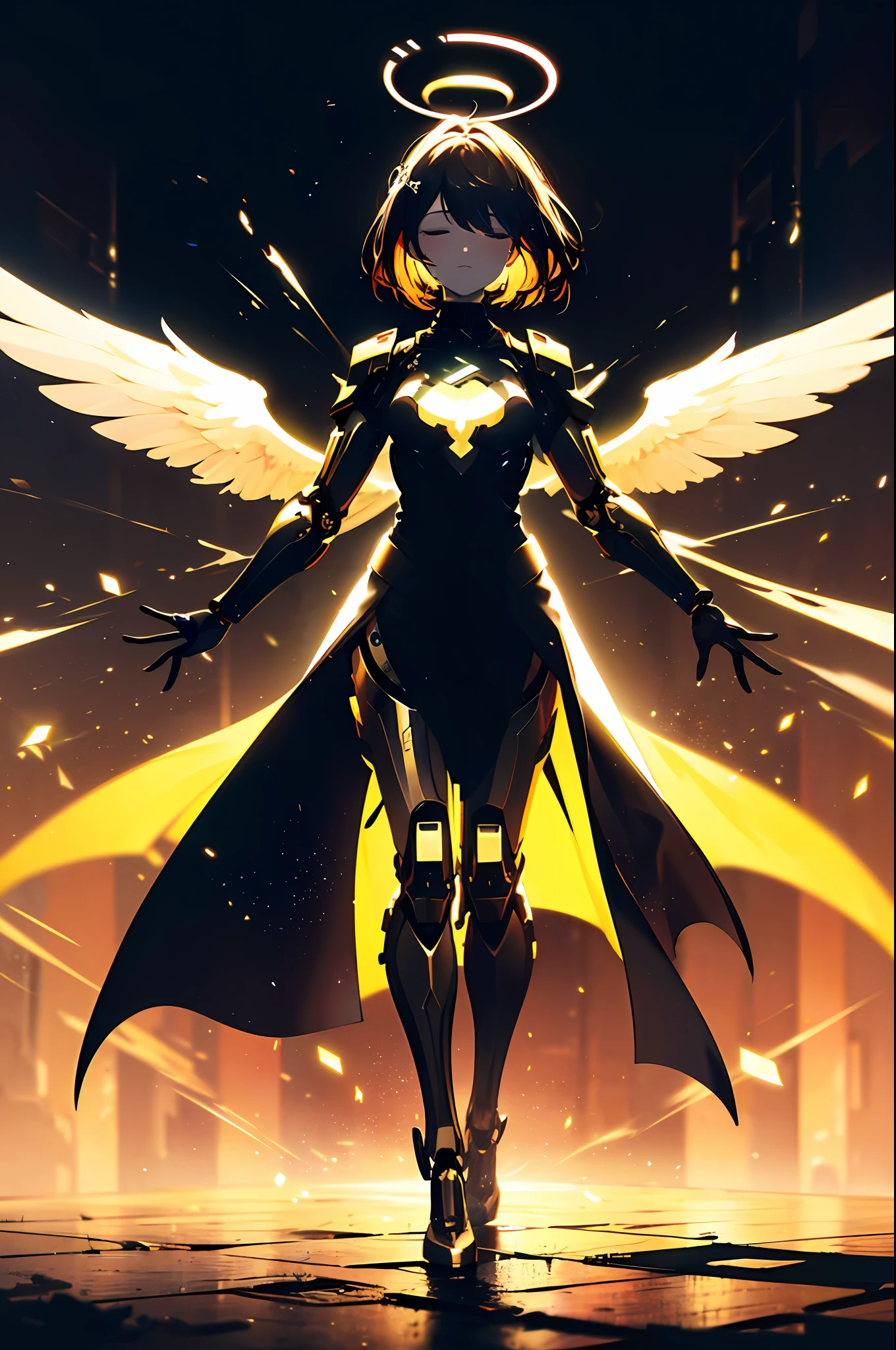 Top quality, masterpiece, absurdity, highly detailed 8K wallpaper, beautiful mechanical girl, (mechanically glowing antennas attached to the ears: 1.1), (closed eyes: 1.1), BREAK, (mechanical joints, mechanical limbs and fingers, exoskeleton spine and coccyx: 1.2), (mechanical halo), full body, fantastic starry sky, outstretched_arms, five fingers, (Symmetrical), BREAK, (high contrast RGB color angel wings), BREAK, ( High contrast RGB effect, LED effect, kaleidoscope effect, shining effect, glitter RGB effect), (ripple effect: 1.2),