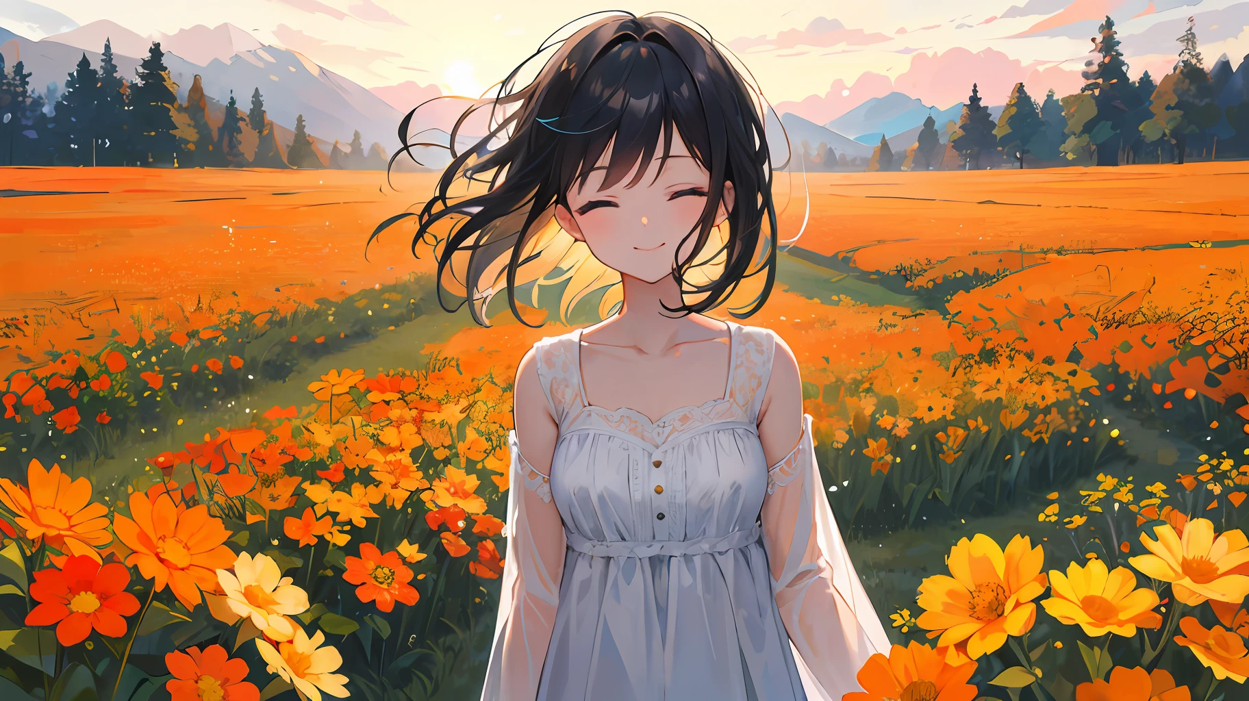 (Masterpiece, high quality, high definition), black haired girl standing alone in sunset in a flower field, eyes closed and smiling, endless orange wildflowers in the flower field are out of reach like a dream, hazy and psychedelic, chiaroscuro contrasting shadows, soft sexy light, natural warm sunlight, happiness, delicate face and hair