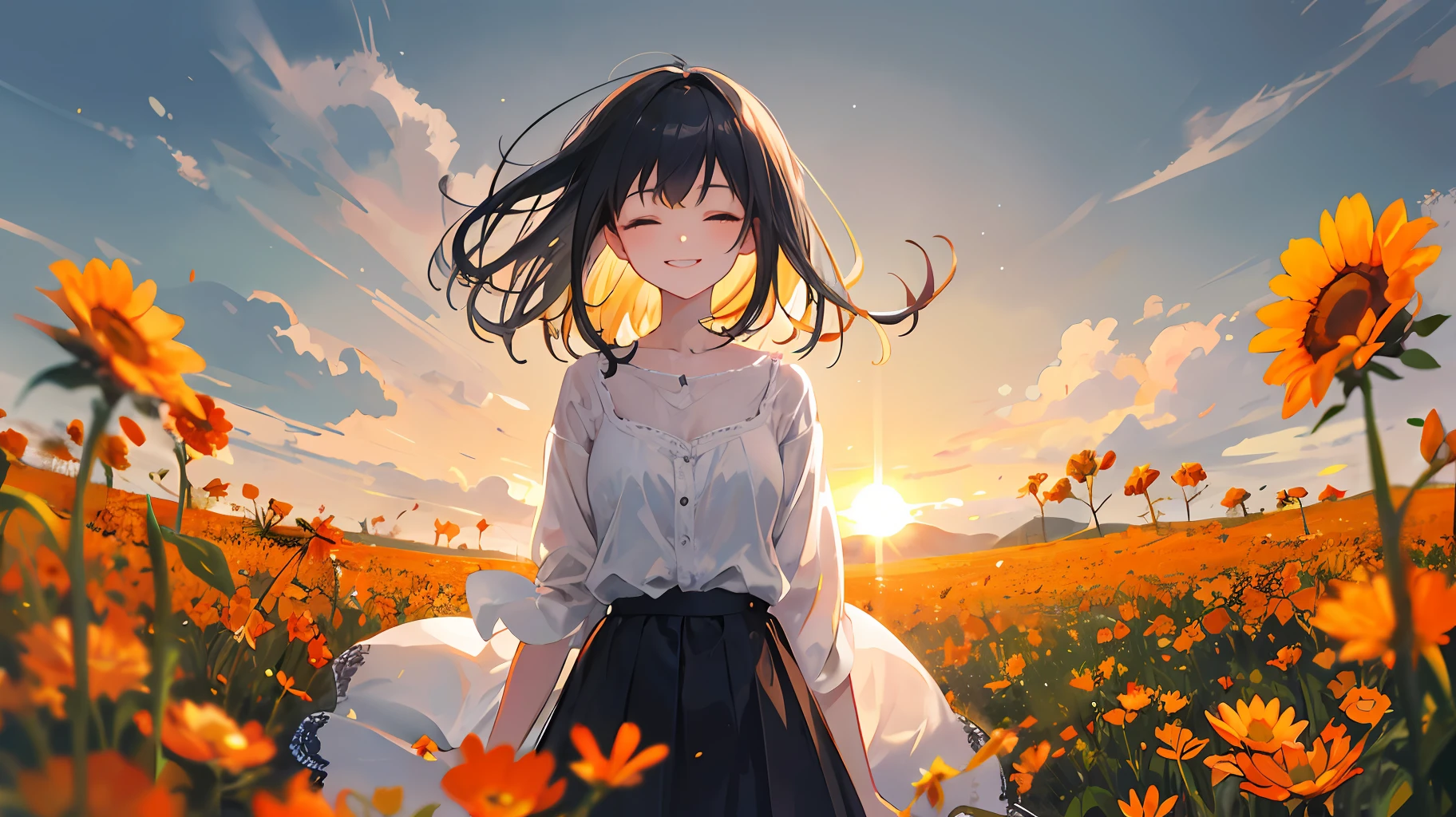(Masterpiece, high quality, high definition), black haired girl standing alone in sunset in a flower field, eyes closed and smiling, endless orange wildflowers in the flower field are out of reach like a dream, hazy and psychedelic, chiaroscuro contrasting shadows, soft sexy light, natural warm sunlight, happiness, delicate face and hair