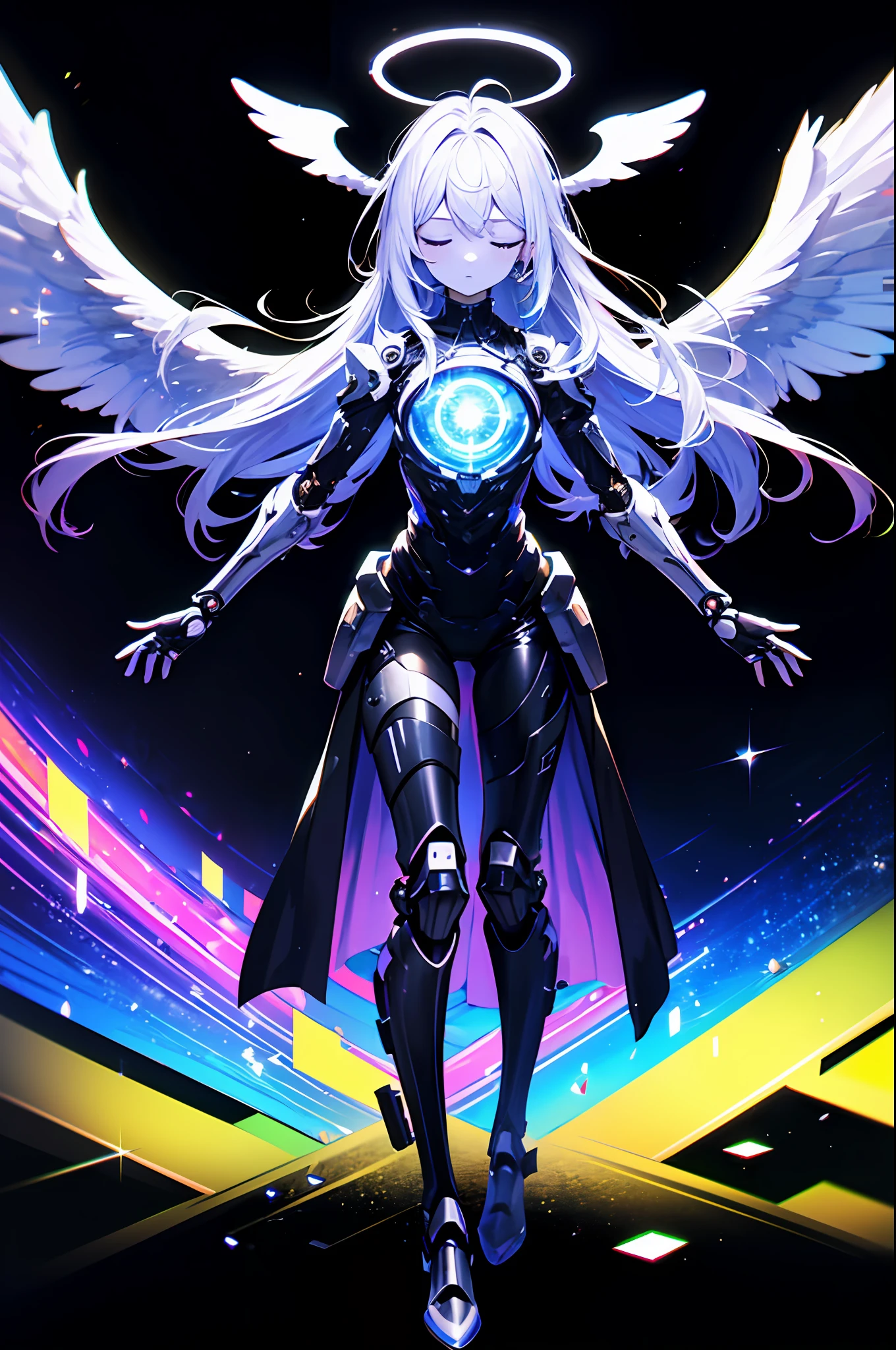 Top quality, masterpiece, absurdity, highly detailed 8K wallpaper, beautiful mechanical girl, (mechanically glowing antennas attached to the ears: 1.1), (closed eyes: 1.1), BREAK, (mechanical joints, mechanical limbs and fingers, exoskeleton spine and coccyx: 1.2), (mechanical halo), full body, fantastic starry sky, outstretched_arms, five fingers, (Symmetrical), BREAK, (high contrast RGB color angel wings), BREAK, ( High contrast RGB effect, LED effect, kaleidoscope effect, shining effect, glitter RGB effect), (ripple effect: 1.2),