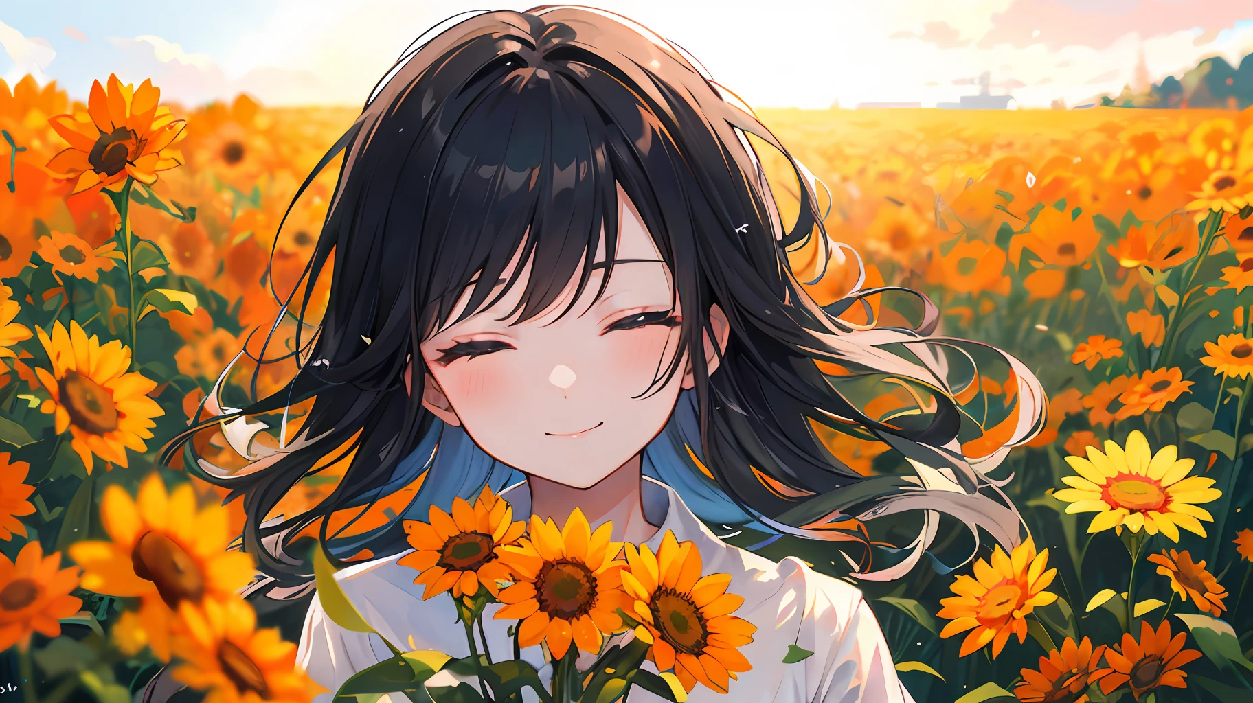 (Masterpiece, high quality, high definition), black haired girl standing alone in sunset in a flower field, eyes closed and smiling, endless orange wildflowers in the flower field are out of reach like a dream, hazy and psychedelic, chiaroscuro contrasting shadows, soft sexy light, natural warm sunlight, happiness, delicate face and hair
