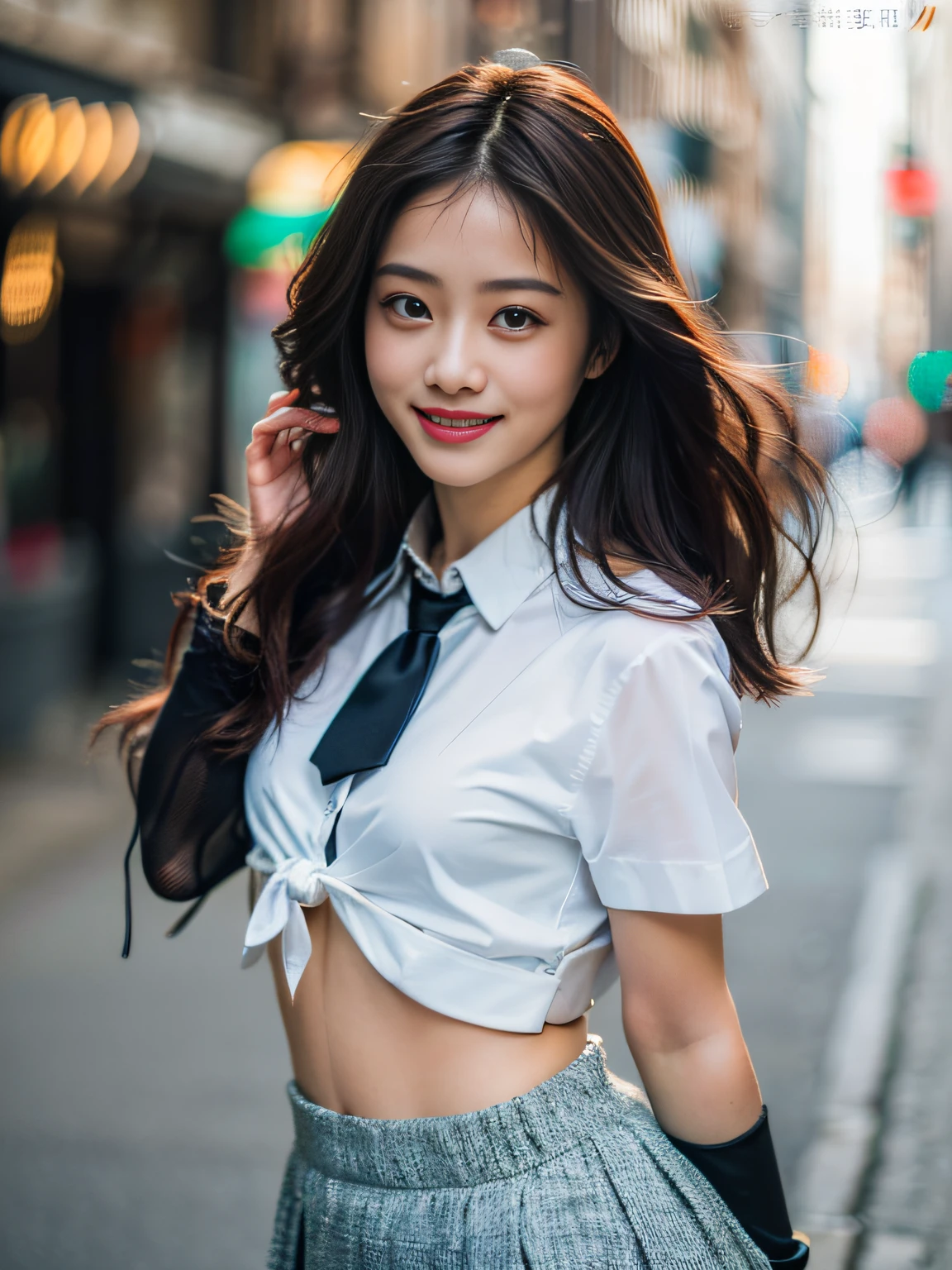 best smile, 1 girl, (viewer), (bokeh: 1.1), parted lips, smile emoticon, realistic, arm down, tights, skirt, skyline, realism, ((best quality, 8K, masterpiece: 1.3)), focus: 1.2, perfect body beauty: 1.4, slightly fat, buttocks: 1.2, (layered hairstyle: 1.2)), ( dark streets: 1.3), highly detailed face and skin texture, full body, delicate eyes, double eyelids, whitening skin, long hair, (round face: 1.5), (loose crop top white shirt, small tie, short skirt: 1.6)