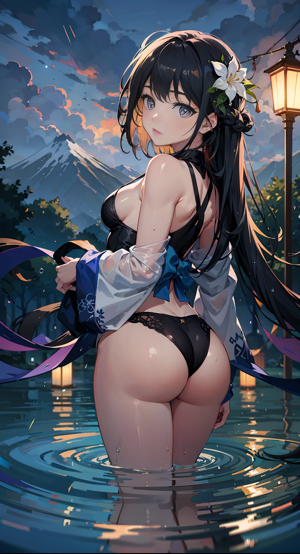 Adult Woman, (Flat Breasts), (Shot from behind)), (muscles), Moon, Lantern, Night, Solo,, Hair ornament, Wet,(Full body),(Big ass), Japanese style, ,Wading, Water, Hair Flower, Flower, (Very Small:1.6)), Outdoor, Sky, Full Moon, Rain, Black Hair,, Mountain, Clouds, Hug, Lantern, Standing, Night Sky, Bangs, Trees, (From Back), Reflection, Medium Hair, Overcast Sky, wet hair, (masterpiece),( highly detailed CG Unity 8k wallpaper), best quality, solo, 1girl, movie lighting, detailed background, beautiful detailed eyes, bright pupils, (very delicate and beautiful), (beautifully detailed eye description), ultra detailed, masterpiece,)),