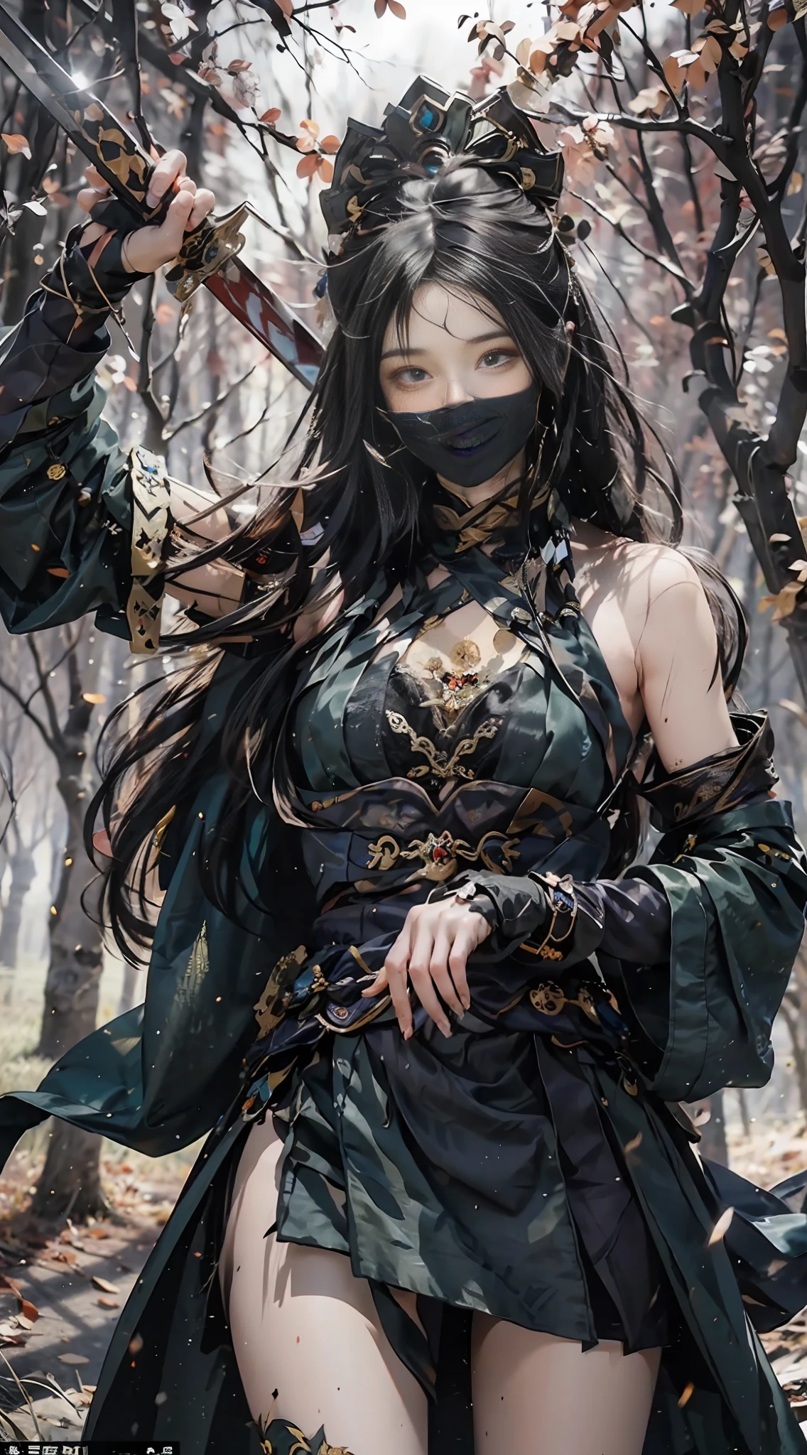 Masterpiece, highest quality, extreme clarity, 1 female warrior with a black cloth covering her face, long black hair, body wearing Hanfu, ((her hand holding the hilt of a sword)), the sword looks sharp, the sword is stained with blood, and the background is set in the woods