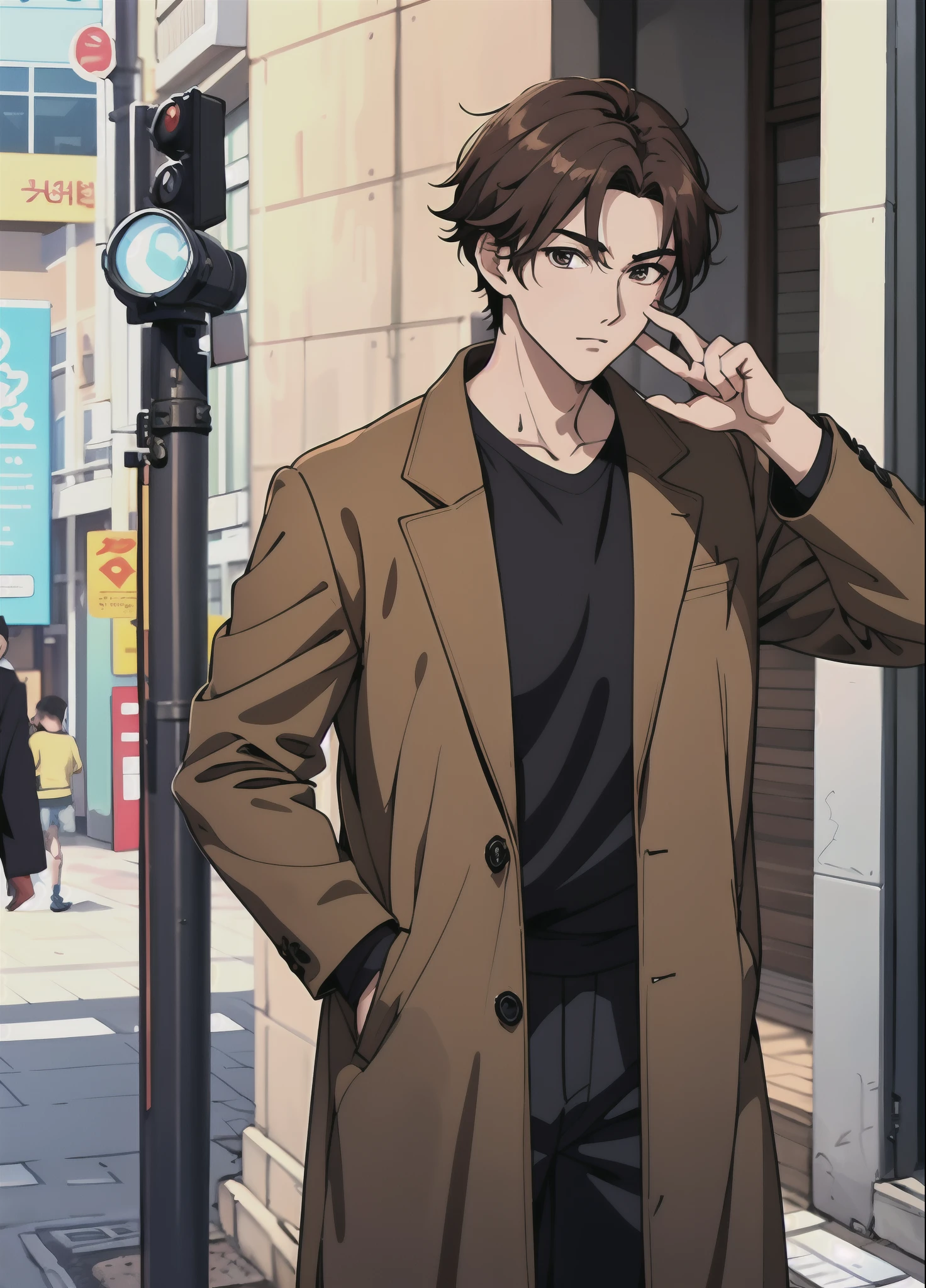 Young man 18 years: 1.3, Short brown hair: 1.2, Tall: 1.2, Occupation: 1.2, Daytime: 1.2, On the street: 1.2, Film lighting, Best quality, 8k,stylish brown coat ((anime strokes)) Korean boy, designer outfit. (boy) ((man)) Handsome, handsome, confident looking boy