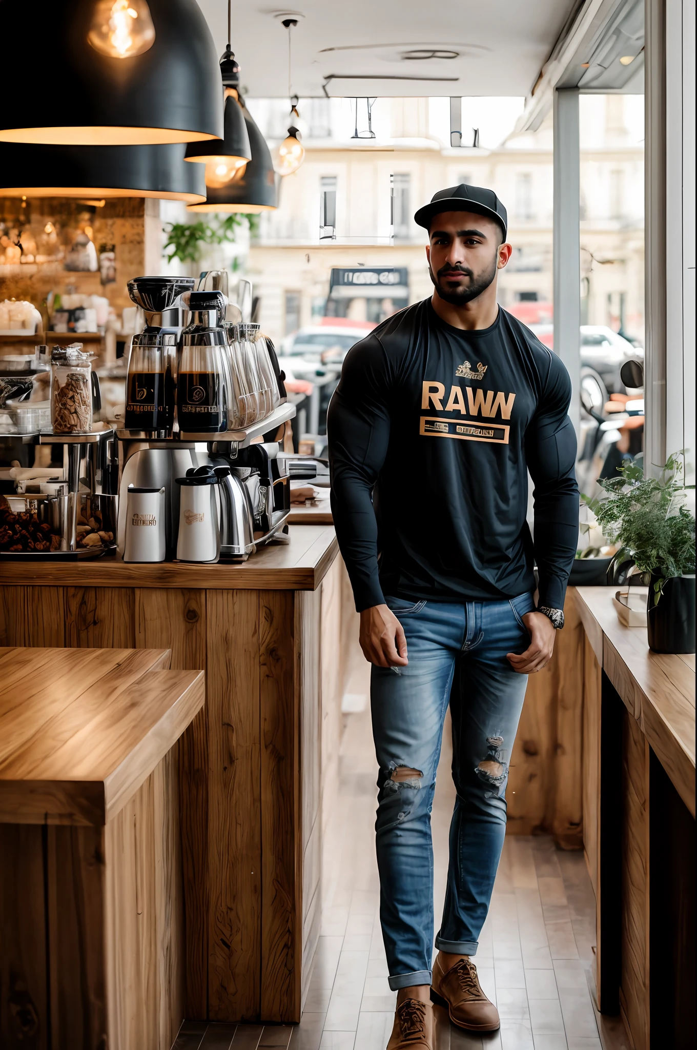 RAW photo, a full body photo of an arabic Bodybuilder with massive physique in casual clothes, natural skin, standing in a café in Paris drinking coffee, 8k uhd, high quality, film grain, Fujifilm XT3