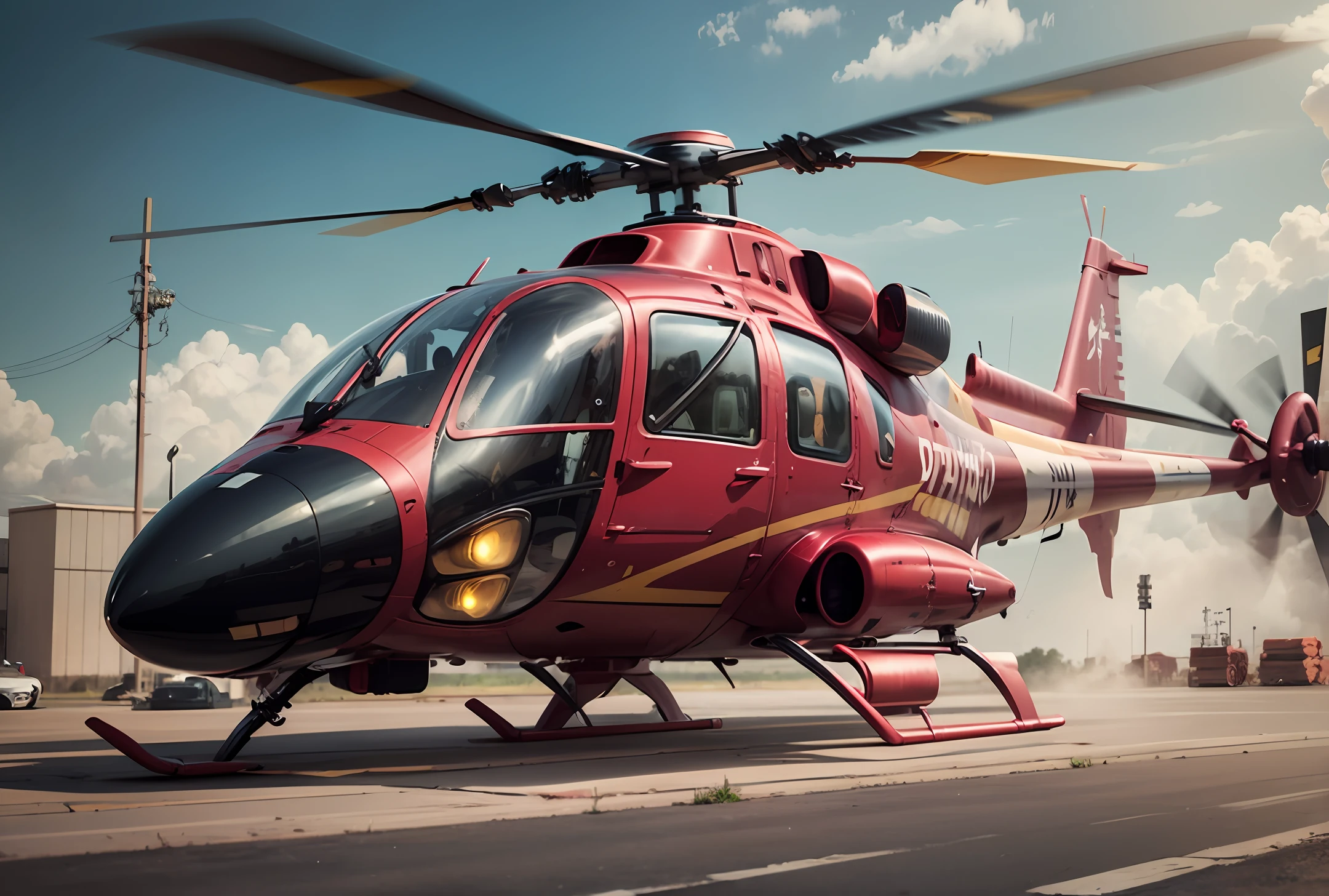 american shot photography, 10mm wide angle lens Nikon Z9 mirrorless cameras 16 aperture, iso 100, speed 60, daylight and lots of reflections, highly detailed iron man helicopter the fuselage and the shape is similar to iron man, with small wings on each side and many missiles, parked in a spacious garage containing tools, with glass roof, helicopter colors red, yellow. --auto --s2