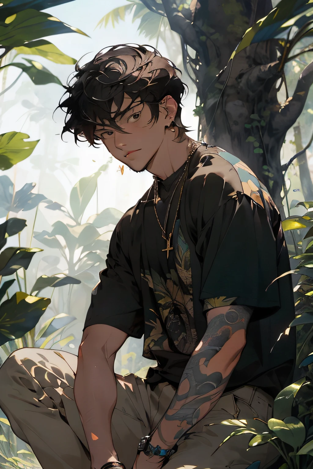 Realistic, (masterpiece, top quality, best quality, official art), very detailed, colorful, most detailed, god, short hair, black hair, handsome man, necklace, short sleeves, jungle