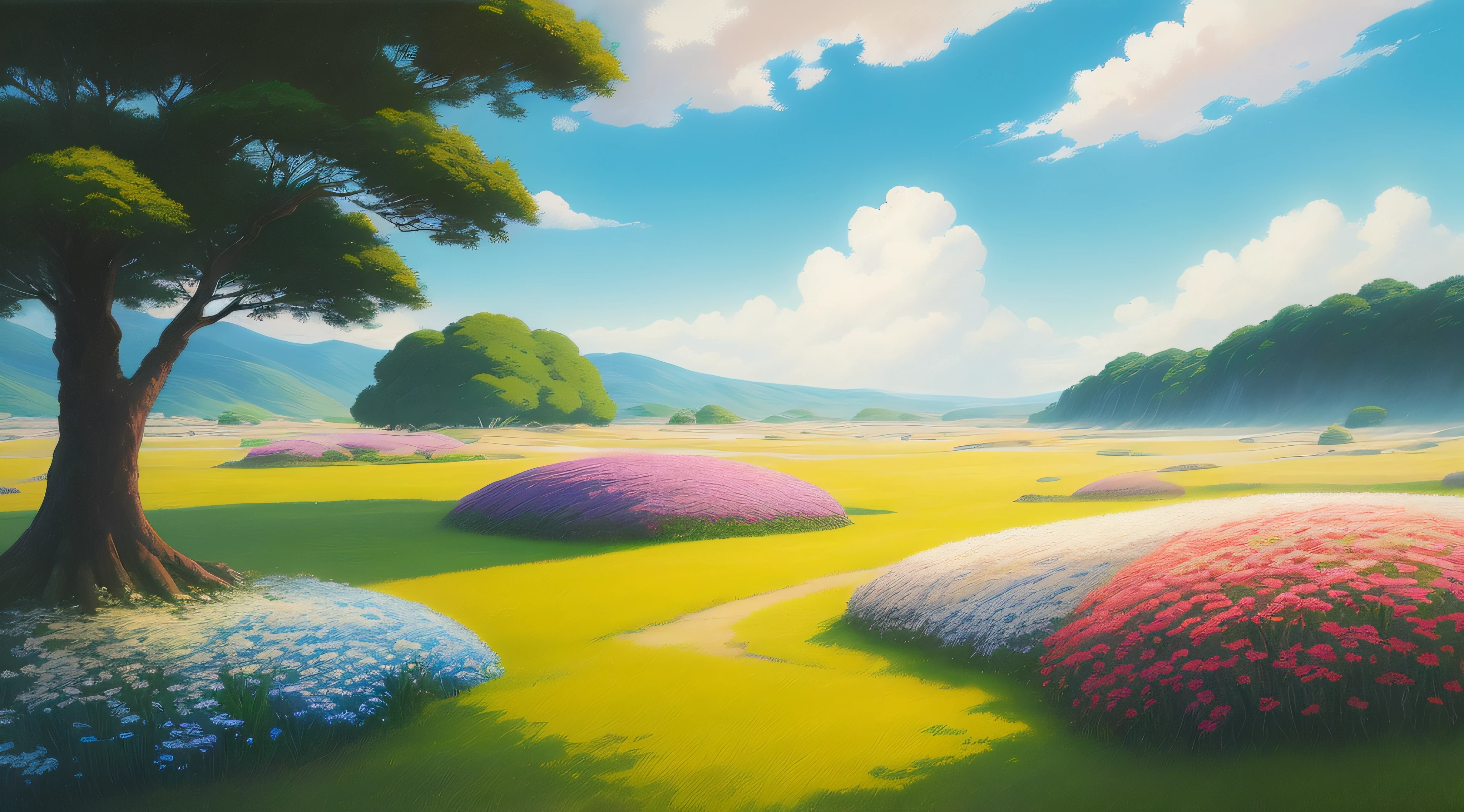 Realistic, authentic, beautiful and amazing landscape oil painting Studio Ghibli Hayao Miyazaki's petal grassland with blue sky and white clouds --v6